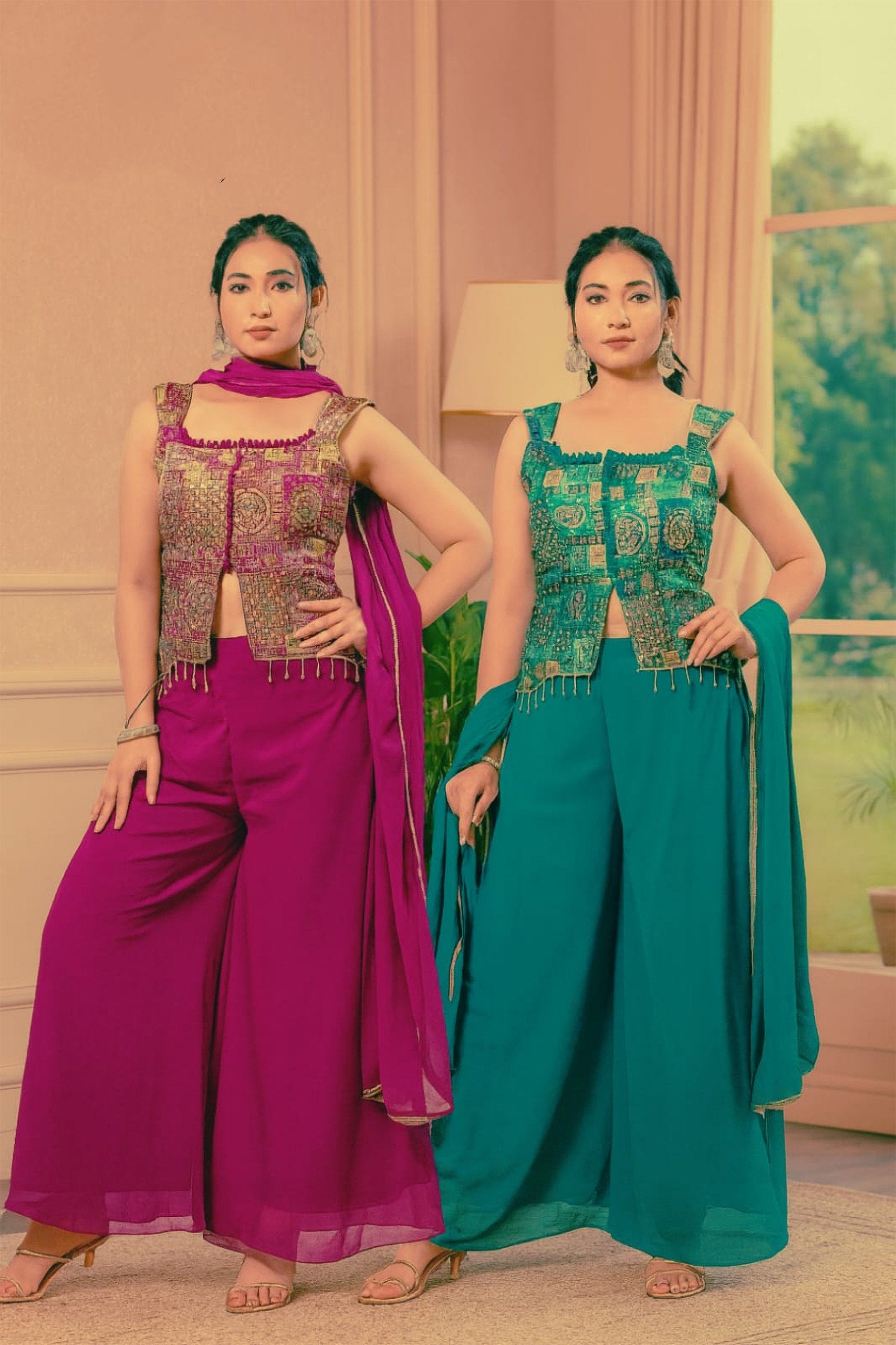 Designer indo western dress with banarasi short choli with extra seleves