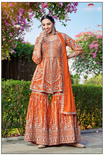 partywear georgette peplon top with zari thread work sharara bottom