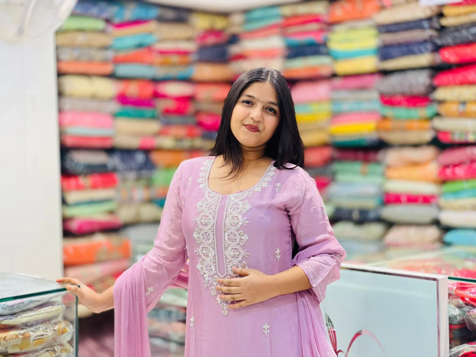 Chinnon fabric kurti plazzo pant with sequence tissue motifs