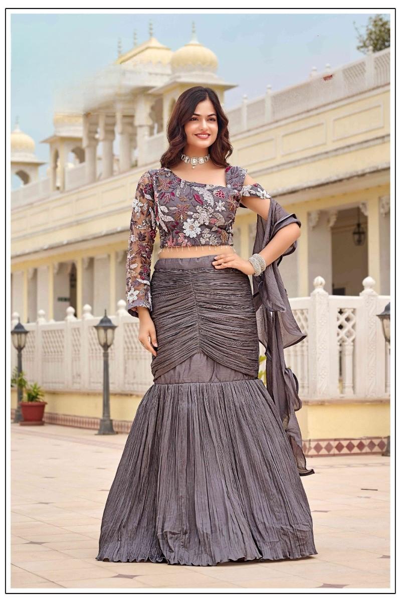 Designer fish cut lehenga pearl sequence motifs top with ruffle dupatta