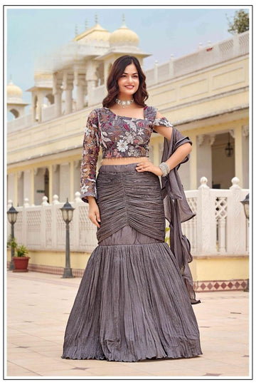 Designer fish cut lehenga pearl sequence motifs top with ruffle dupatta