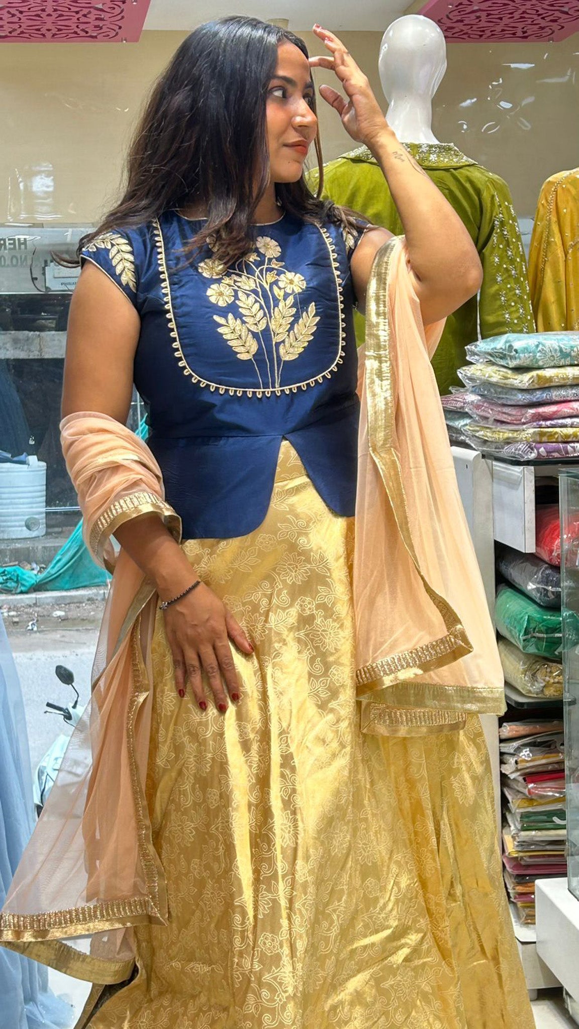 Goldern Banarasi Indo Western With Gotta Patti Silk Fabric Long Top