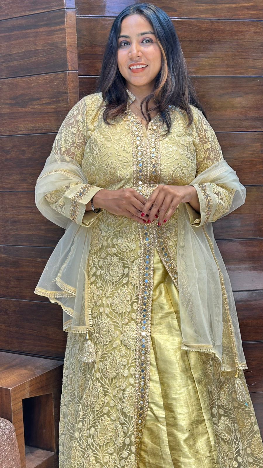 Long Indo western Traditional Golden Look Lehenga In Mirror and Sequence