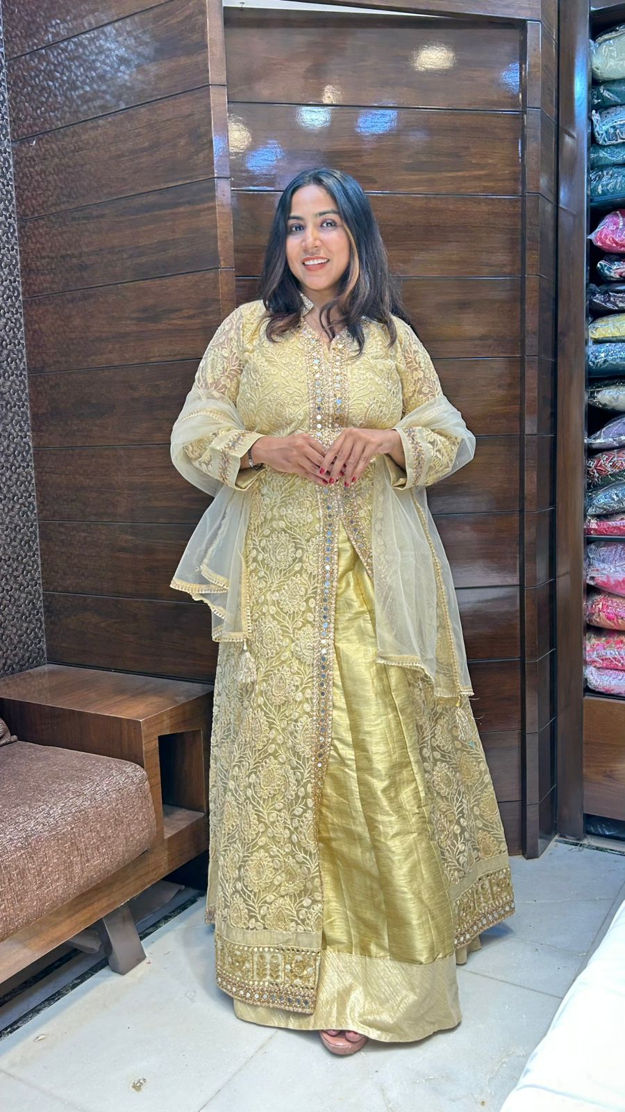 Long Indo western Traditional Golden Look Lehenga In Mirror and Sequence