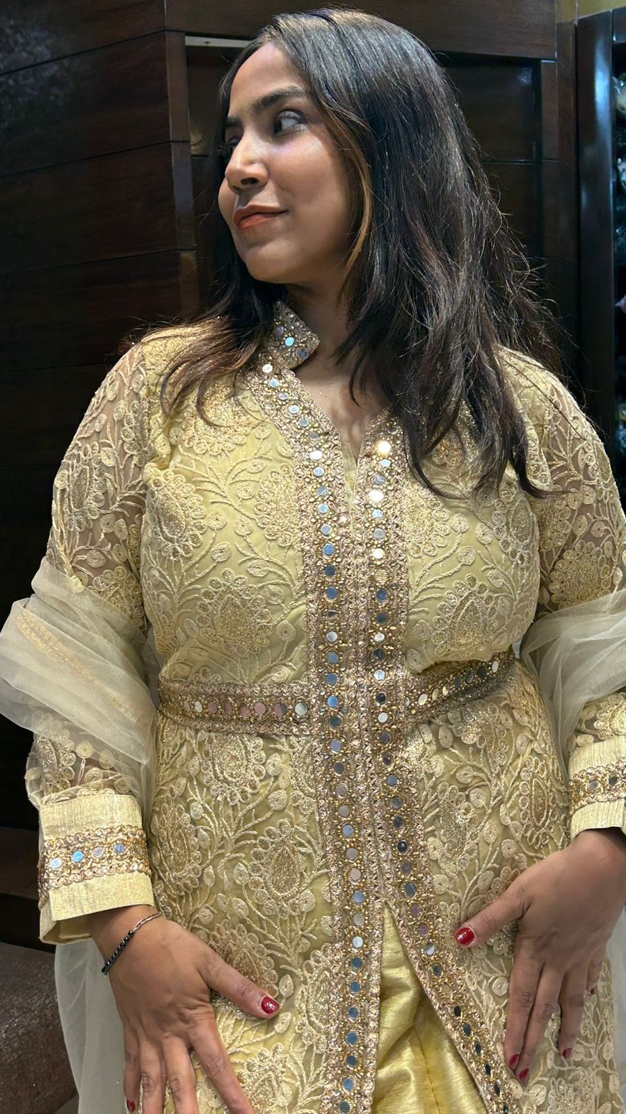 Long Indo western Traditional Golden Look Lehenga In Mirror and Sequence