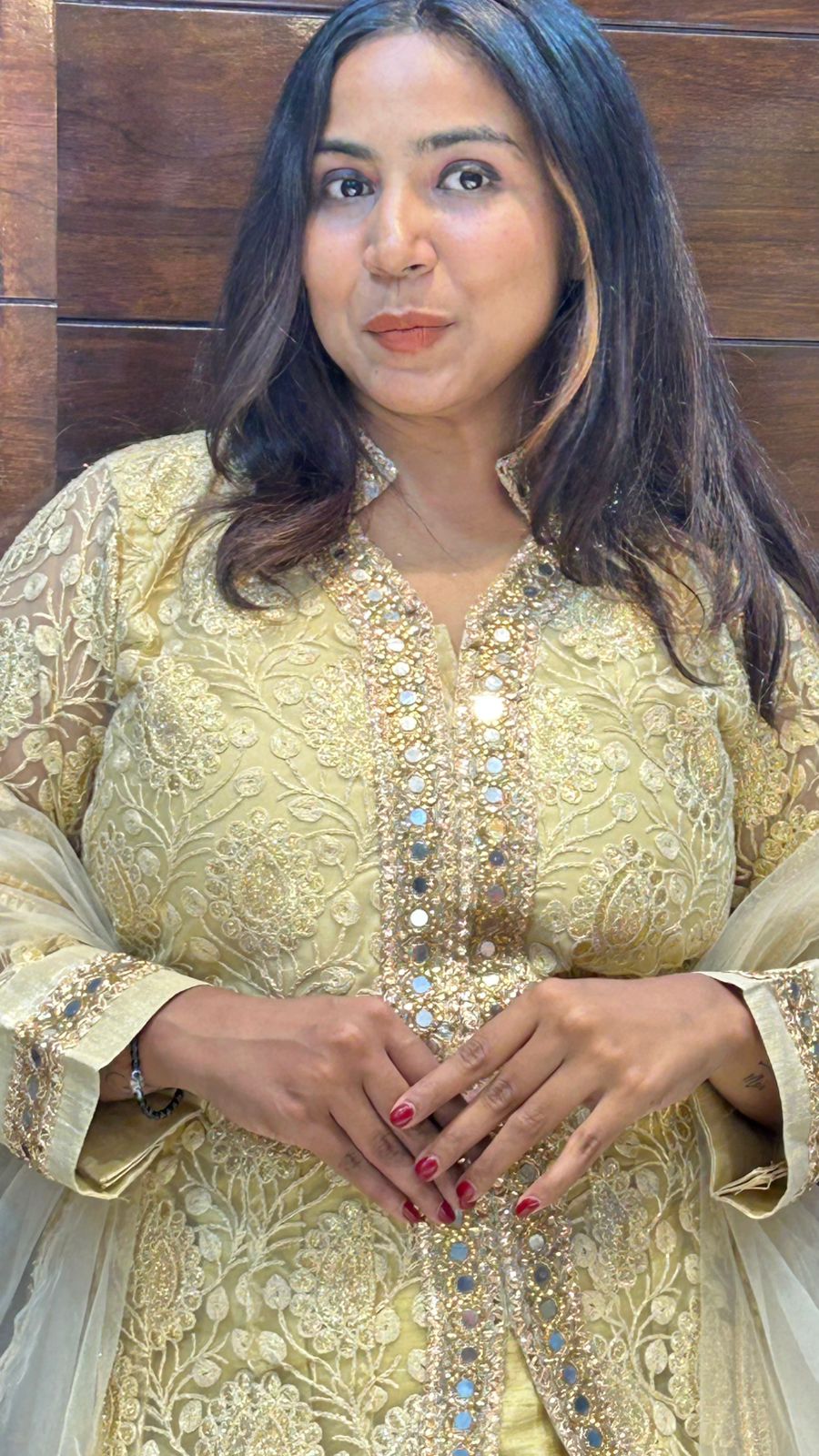 Long Indo western Traditional Golden Look Lehenga In Mirror and Sequence