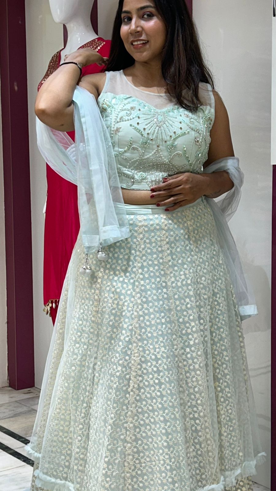 Chicken thread work lehenga With Designer Glass Sequence Motifs Top