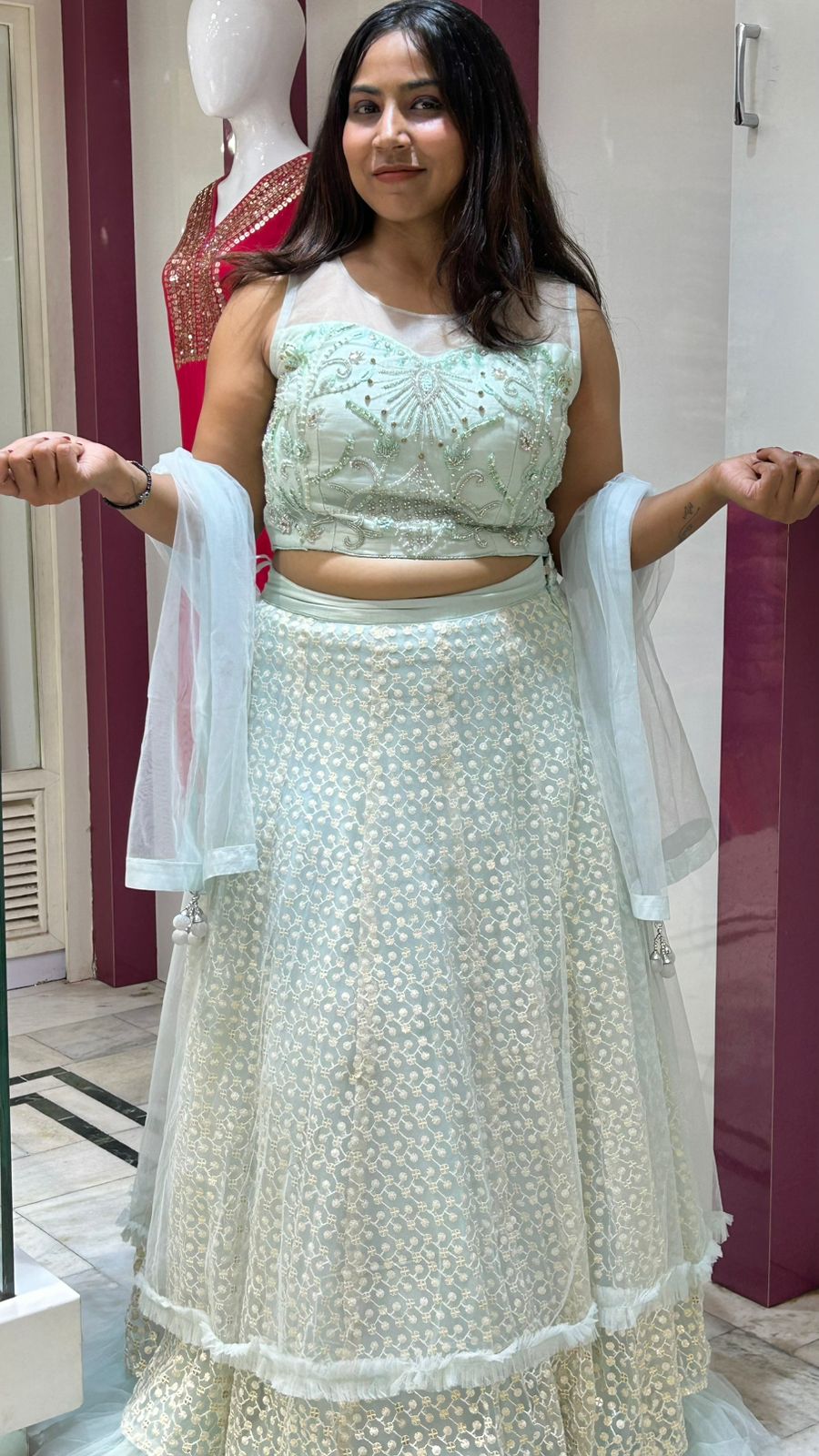 Chicken thread work lehenga With Designer Glass Sequence Motifs Top