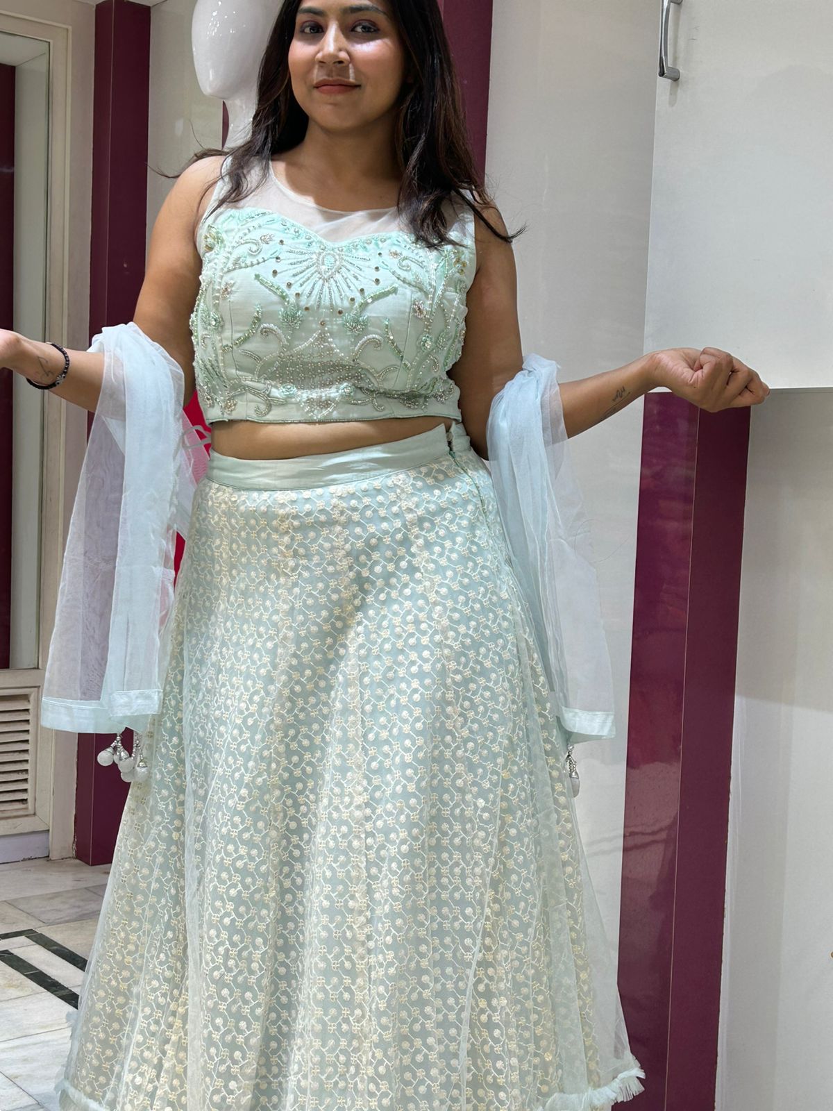 Chicken thread work lehenga With Designer Glass Sequence Motifs Top