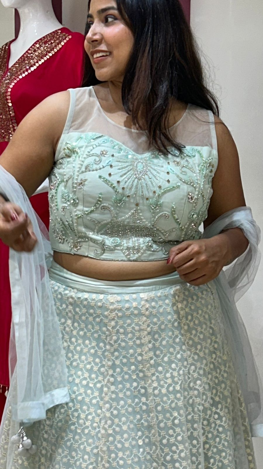 Chicken thread work lehenga With Designer Glass Sequence Motifs Top