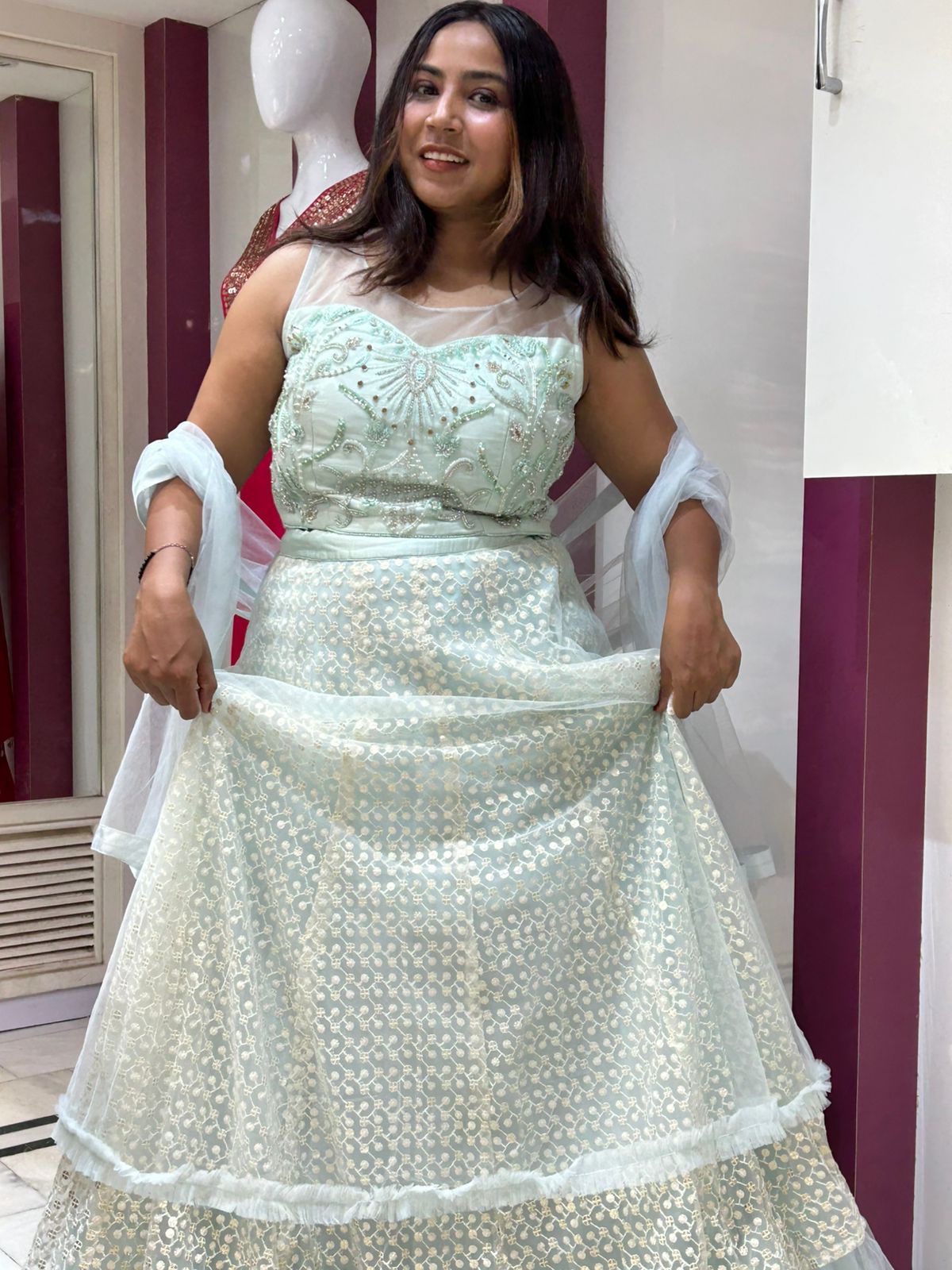 Chicken thread work lehenga With Designer Glass Sequence Motifs Top