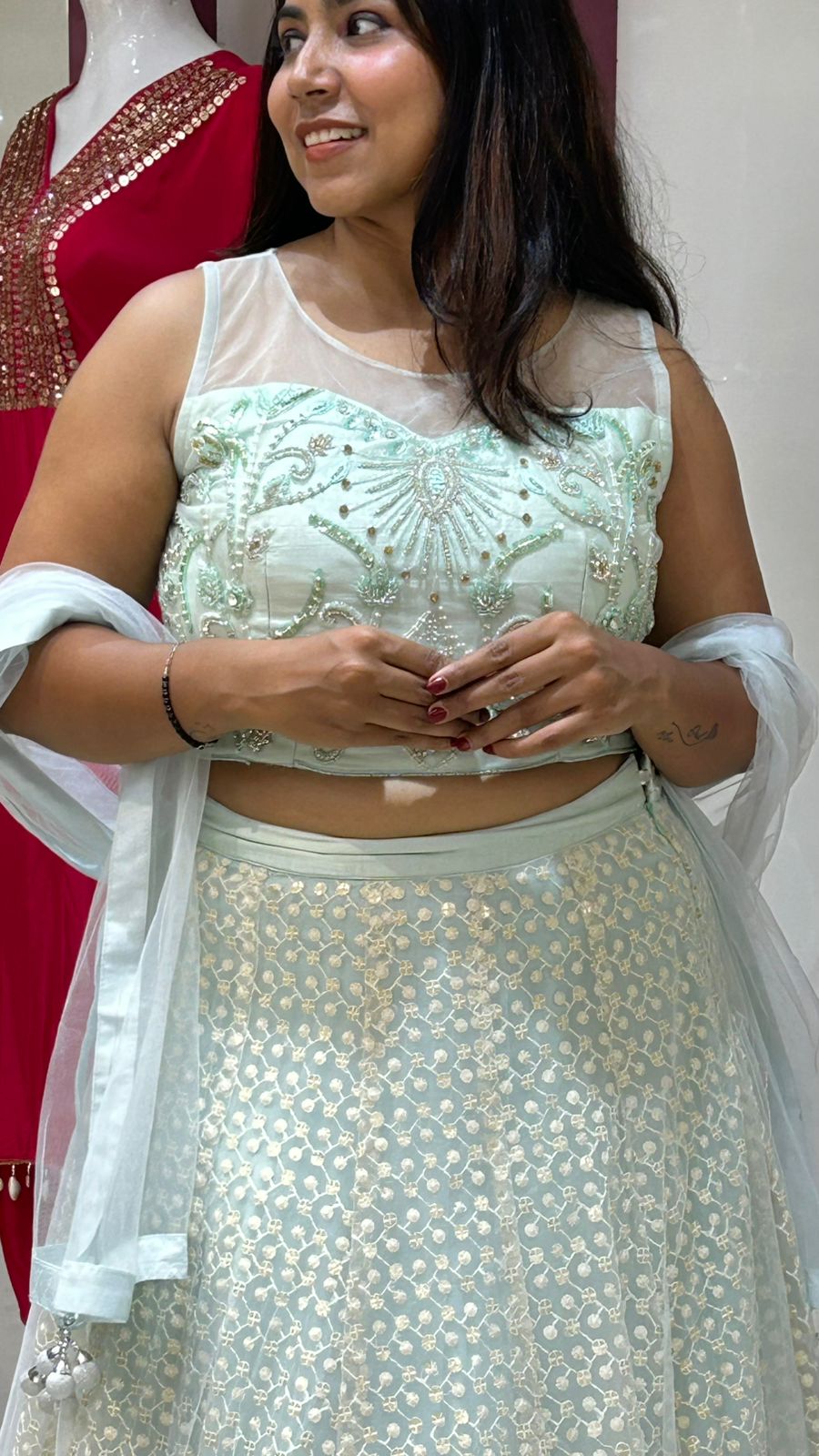 Chicken thread work lehenga With Designer Glass Sequence Motifs Top