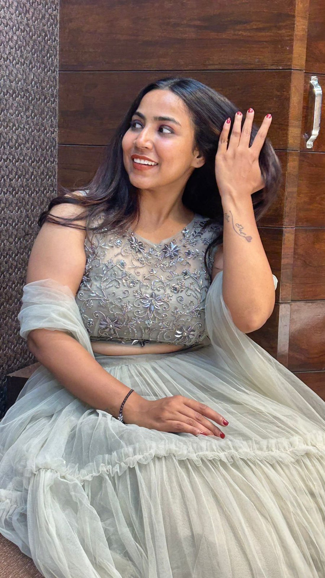 Mettalic Leaves Work Pipe Sequence Work Designer Partywear Lehenga