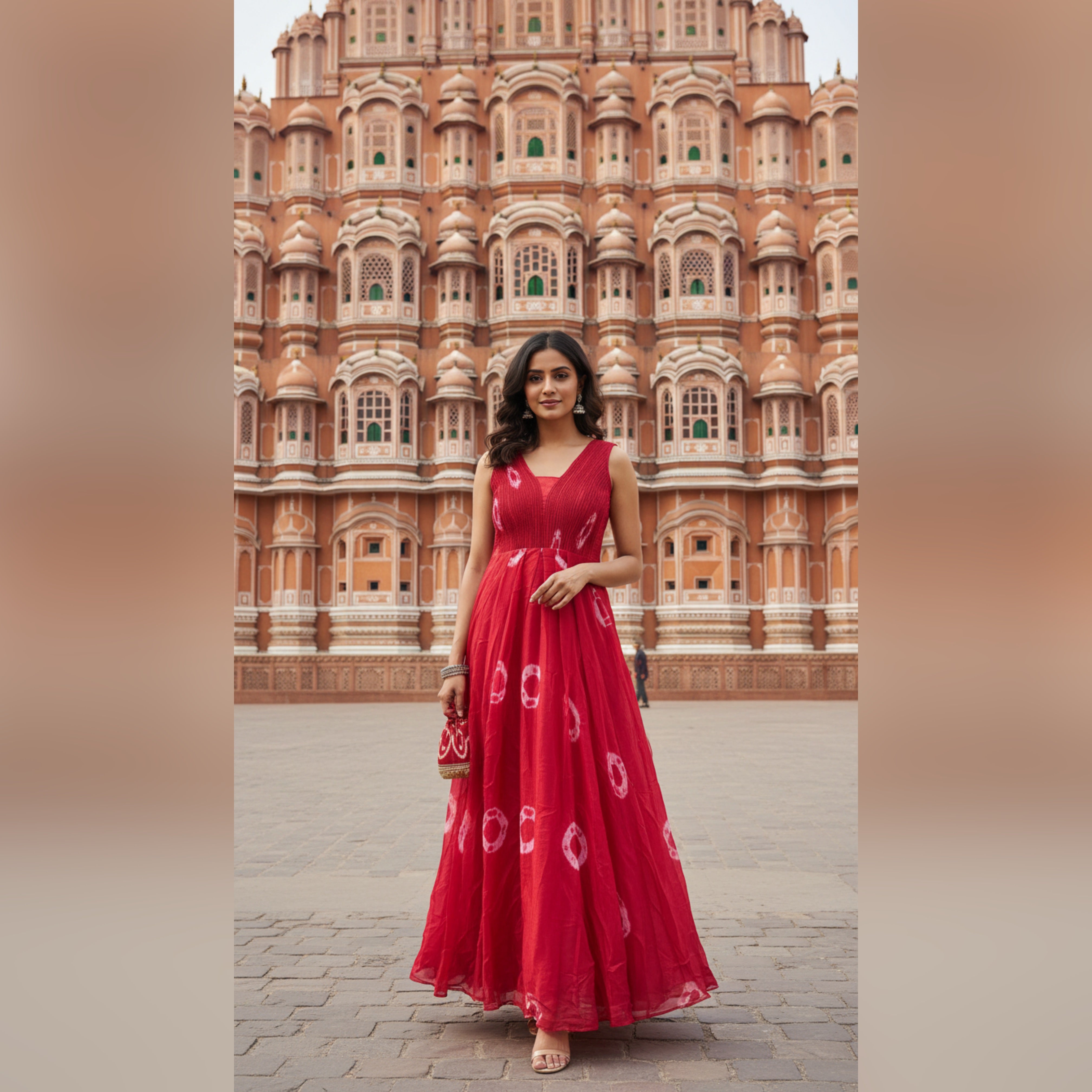 Long stylish western look red color batik printed organza gown