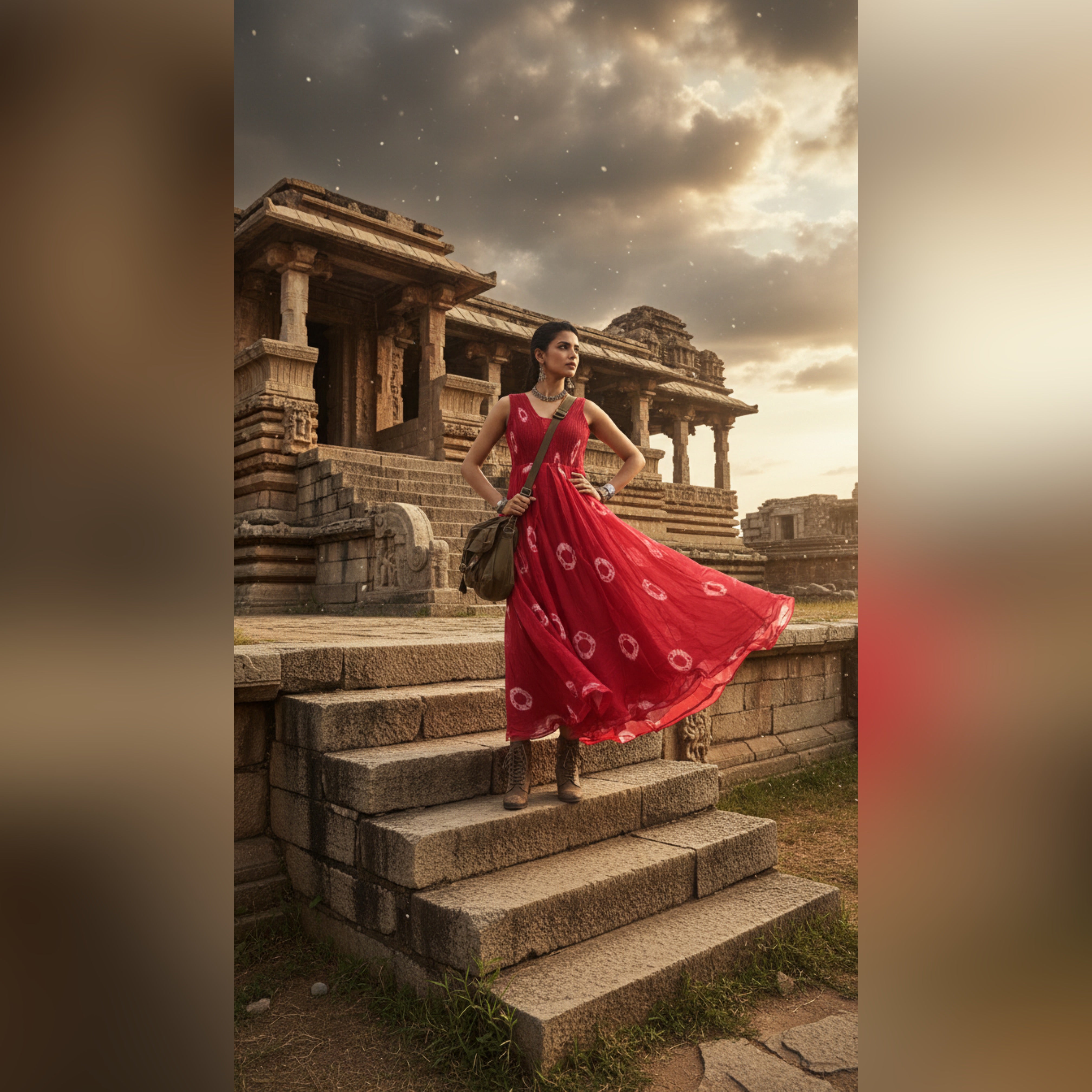 Long stylish western look red color batik printed organza gown