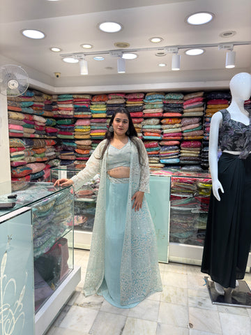 long three piece thread mirror and stone work indowestern