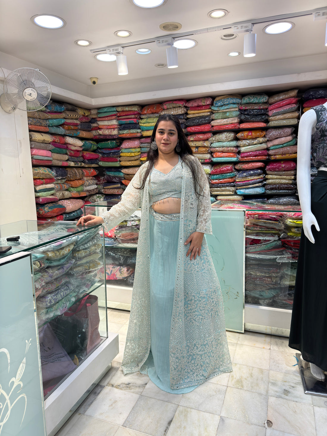 long three piece thread mirror and stone work indowestern