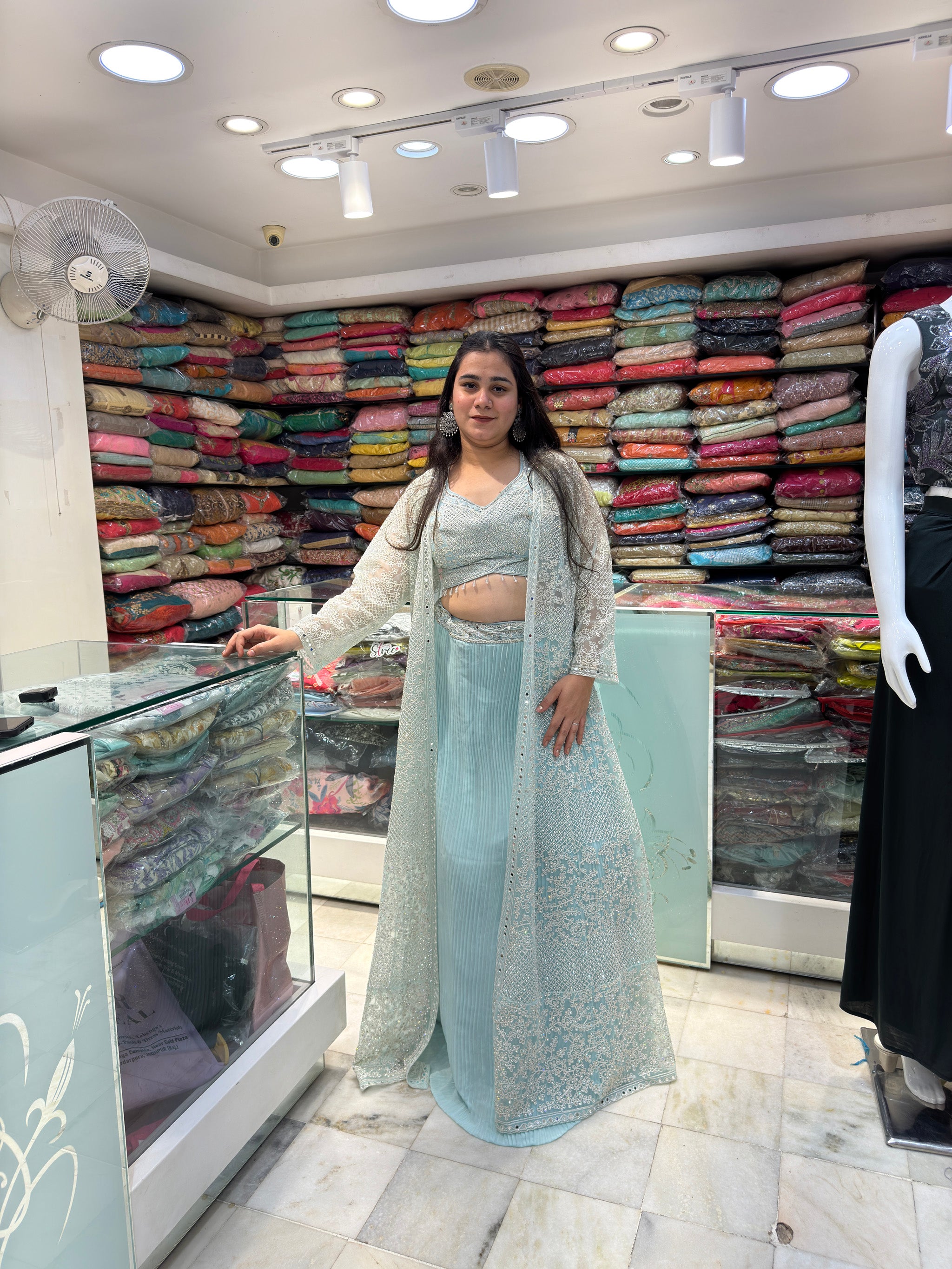 long three piece thread mirror and stone work indowestern