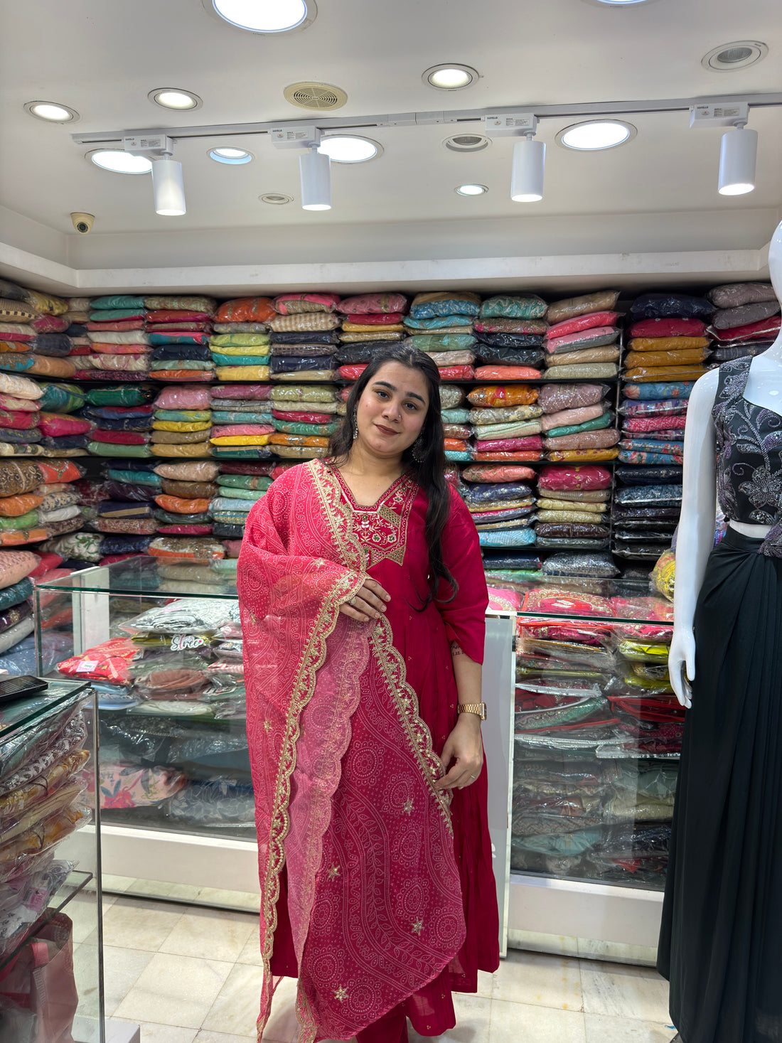 rani pink cotton casuals semi anarkali organza  dupatta with embroidered neckline