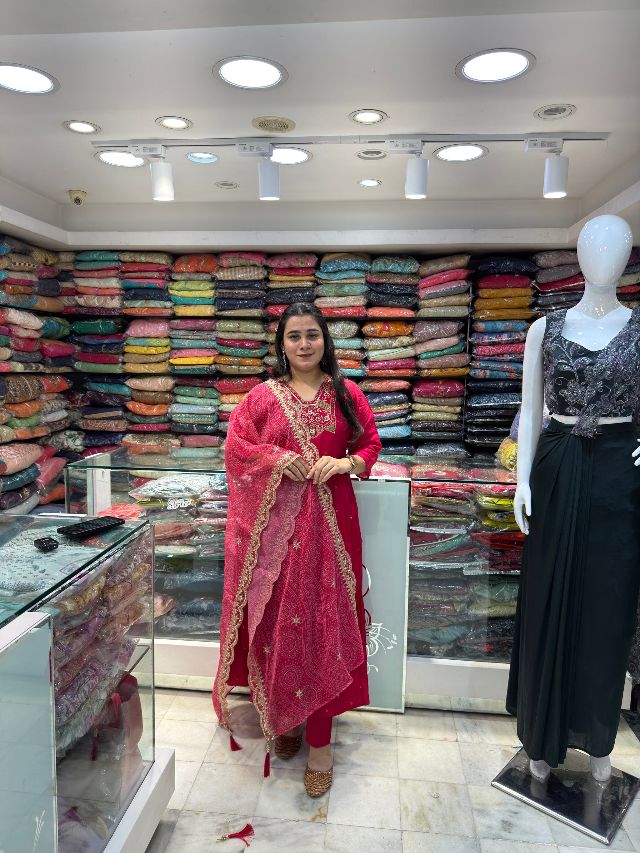 rani pink cotton casuals semi anarkali organza  dupatta with embroidered neckline