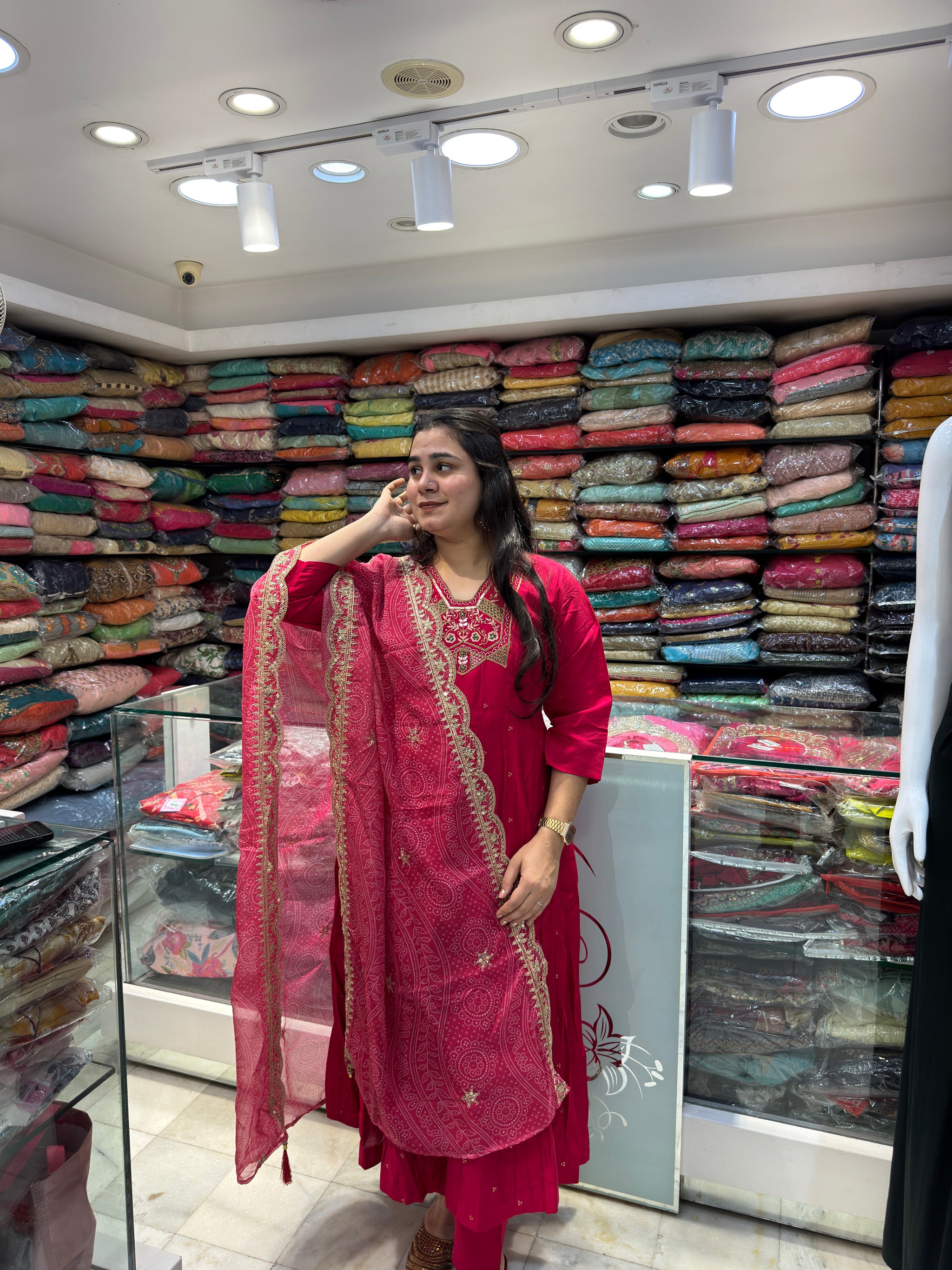 rani pink cotton casuals semi anarkali organza  dupatta with embroidered neckline