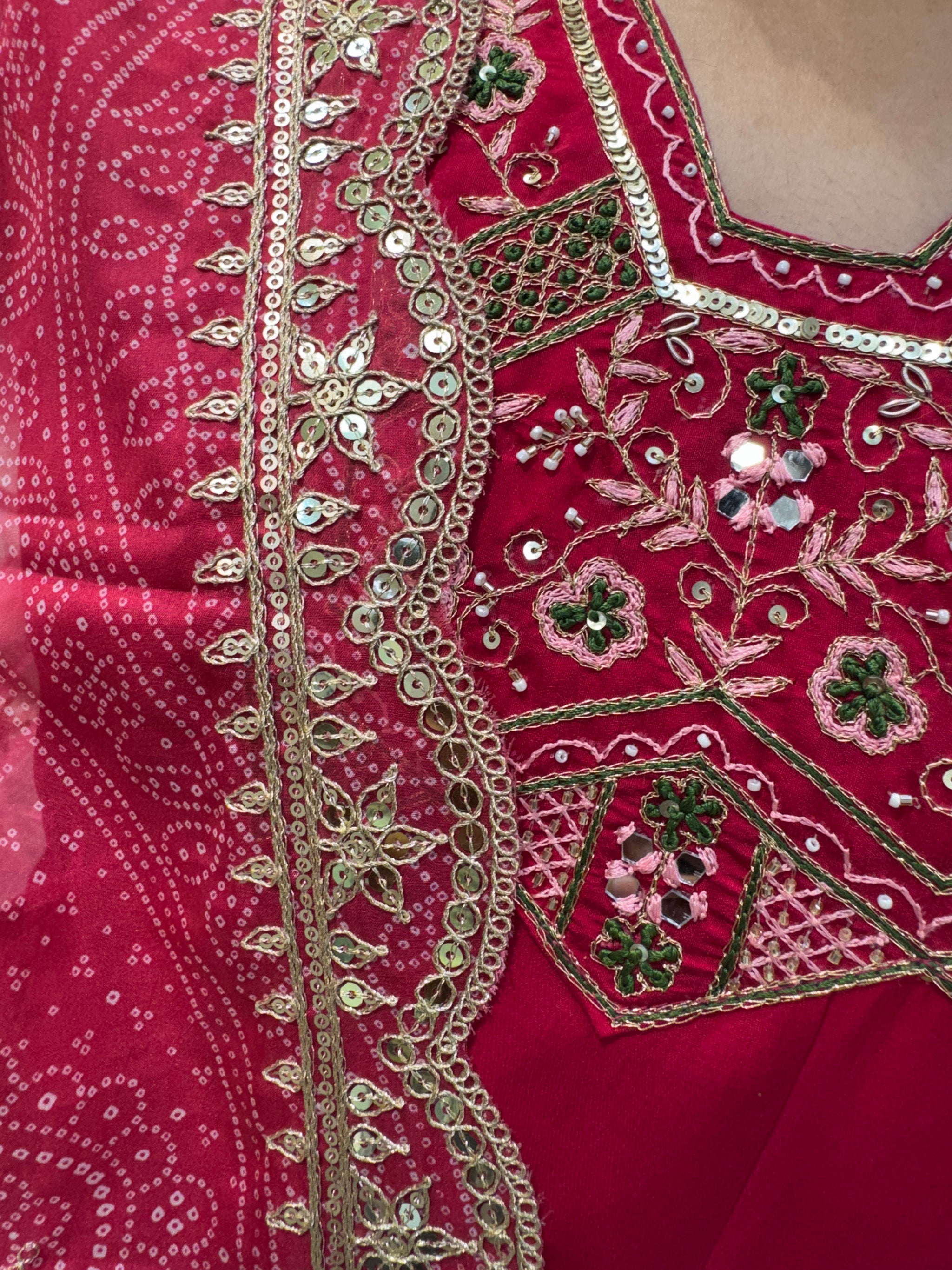 rani pink cotton casuals semi anarkali organza  dupatta with embroidered neckline