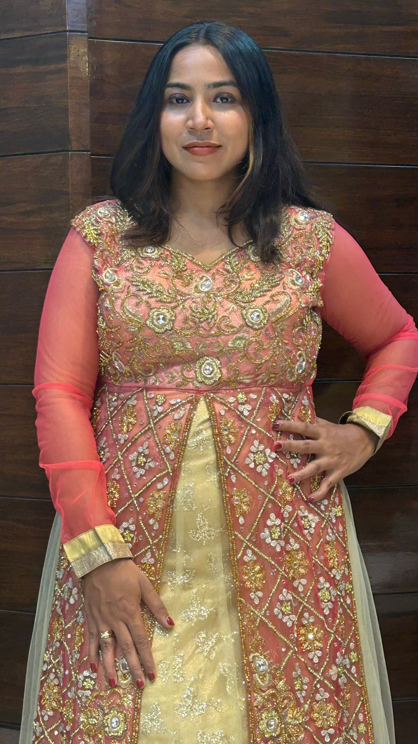 zardosi zari stone work wedding long indo western