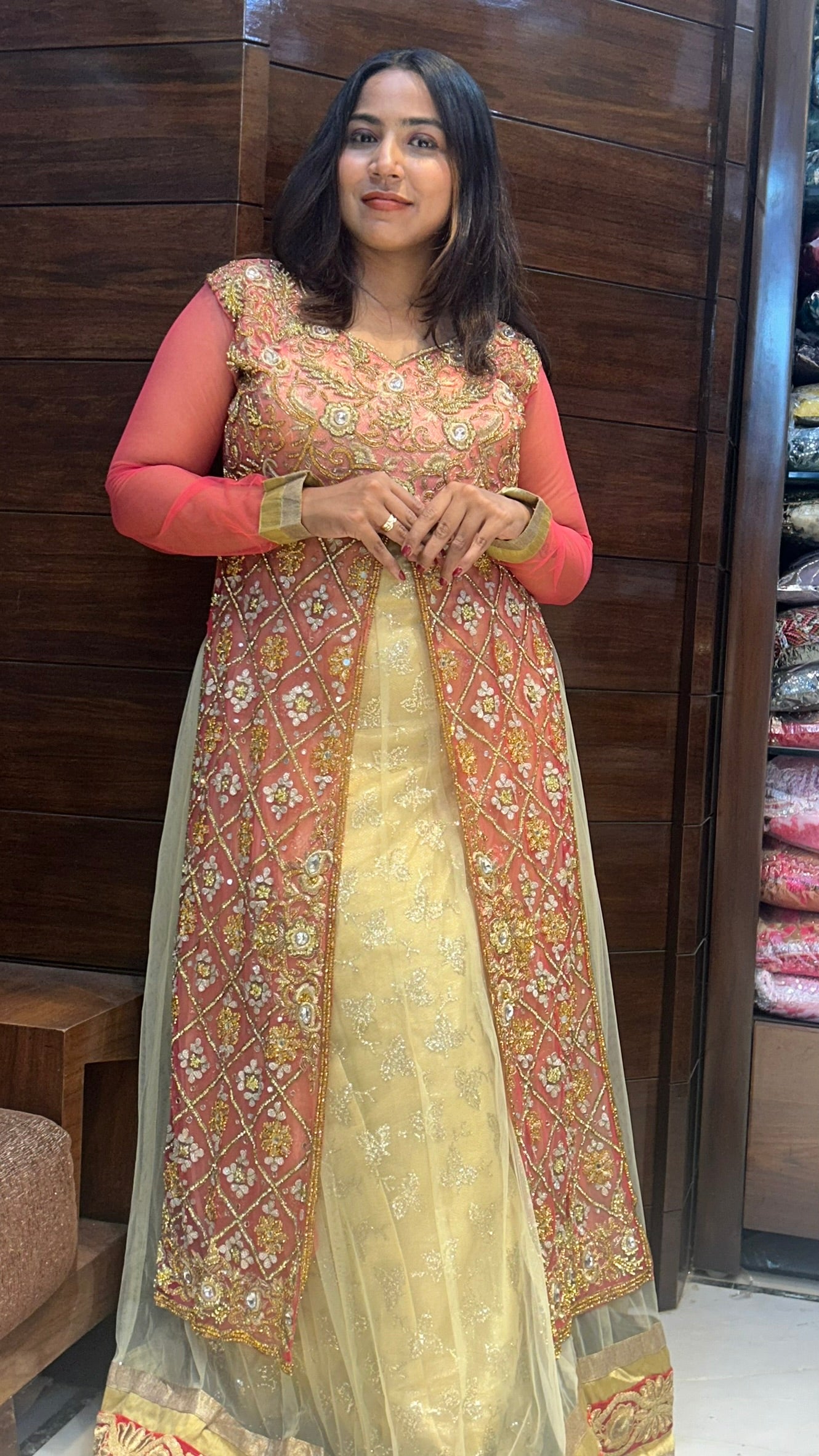 zardosi zari stone work wedding long indo western