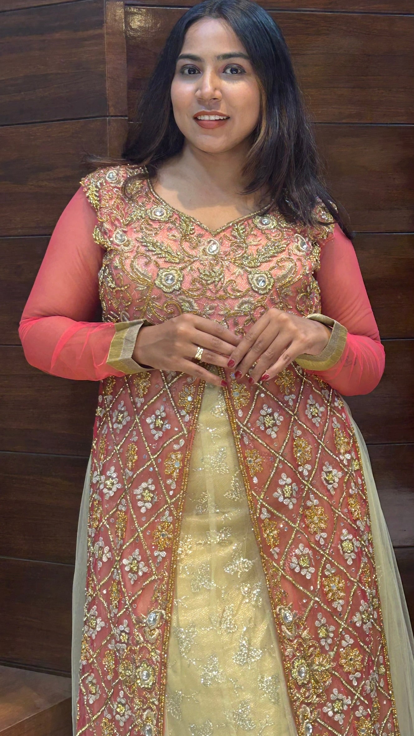 zardosi zari stone work wedding long indo western