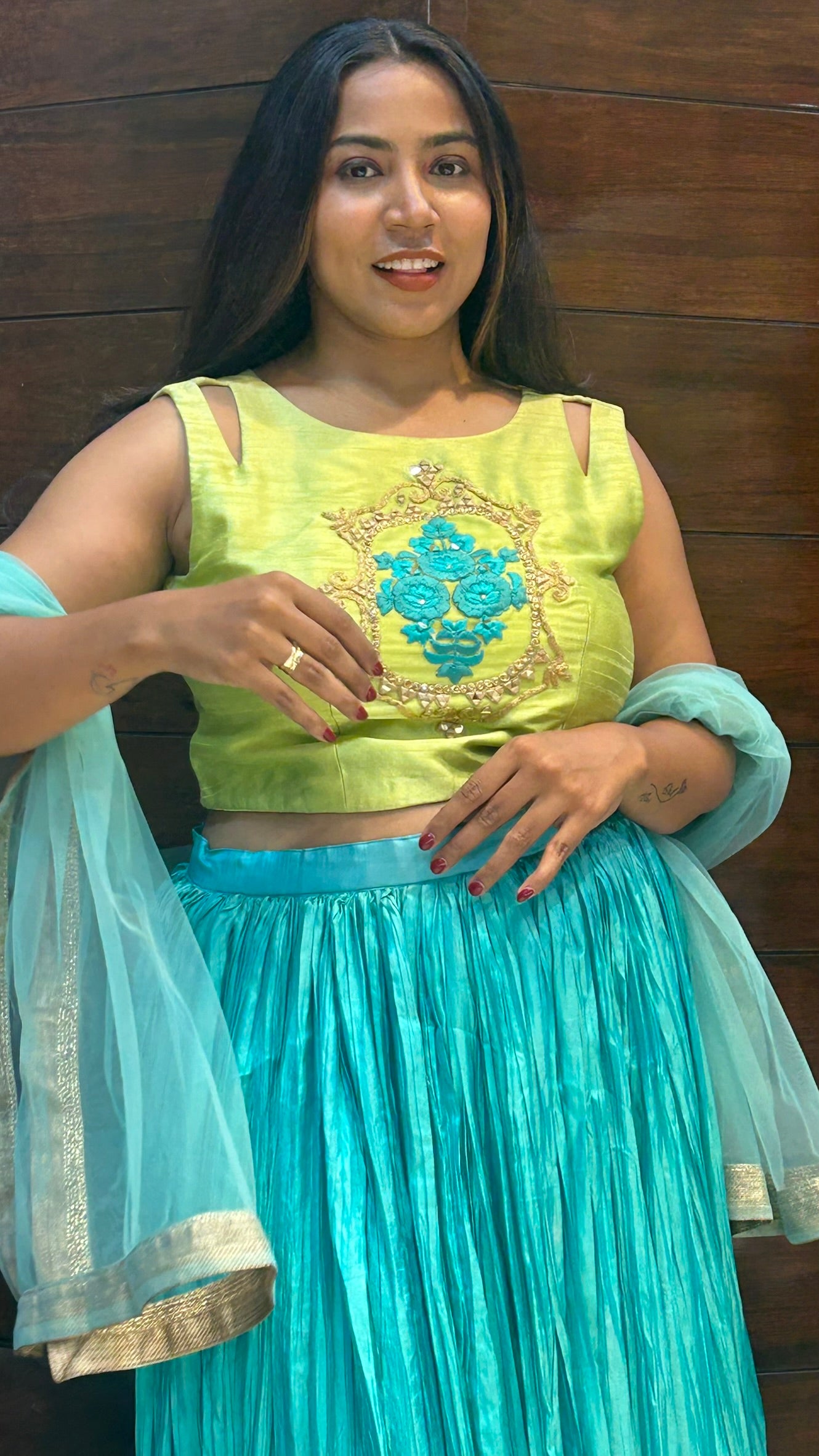 pure crepe partywear lehenga with silk embroidered top