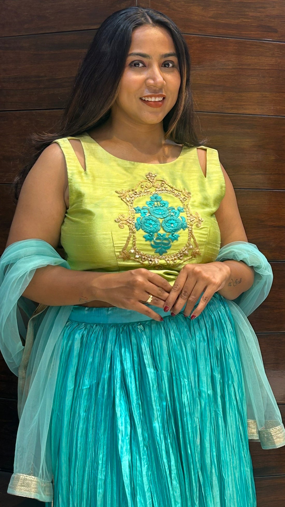 pure crepe partywear lehenga with silk embroidered top