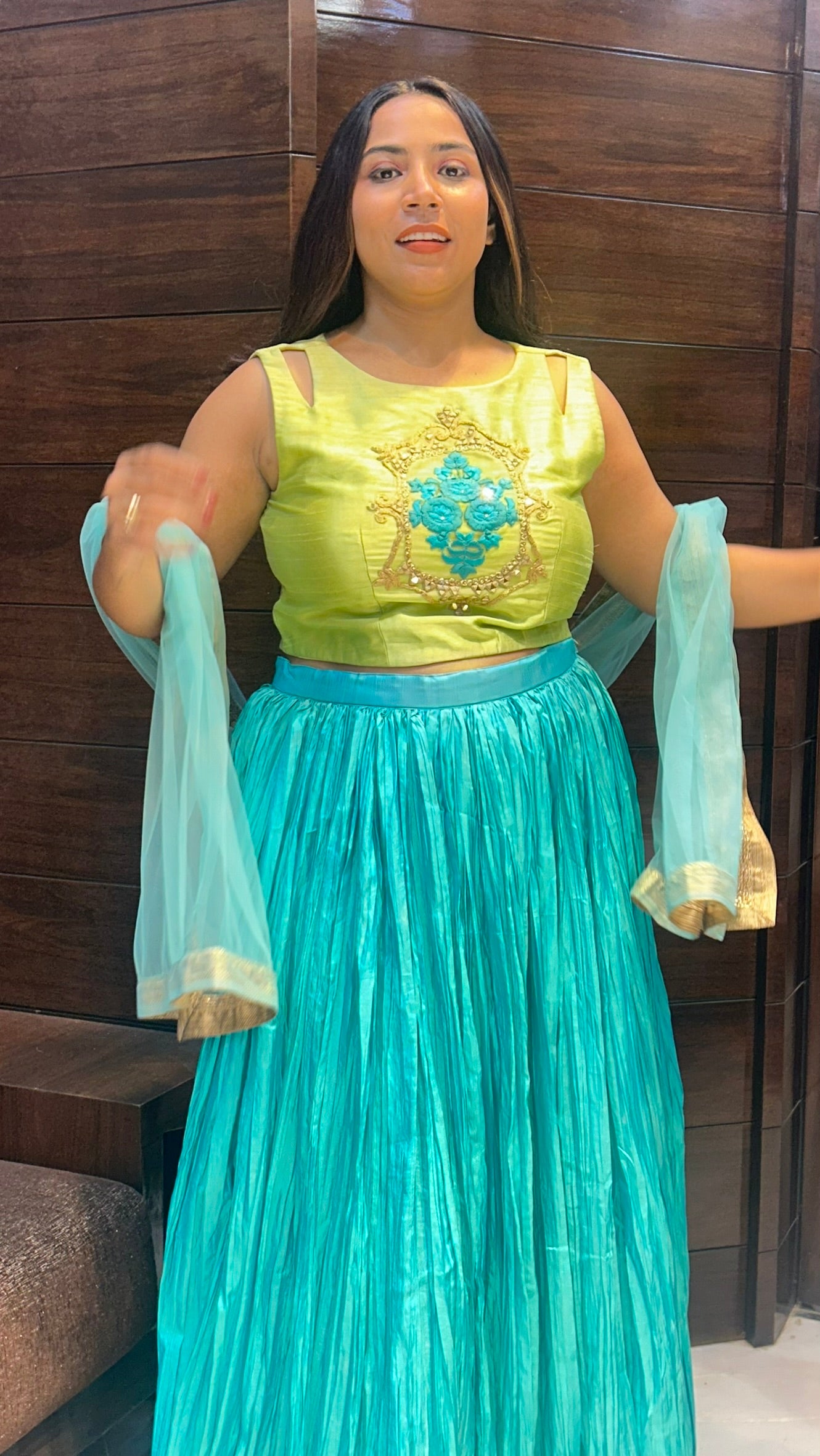 pure crepe partywear lehenga with silk embroidered top