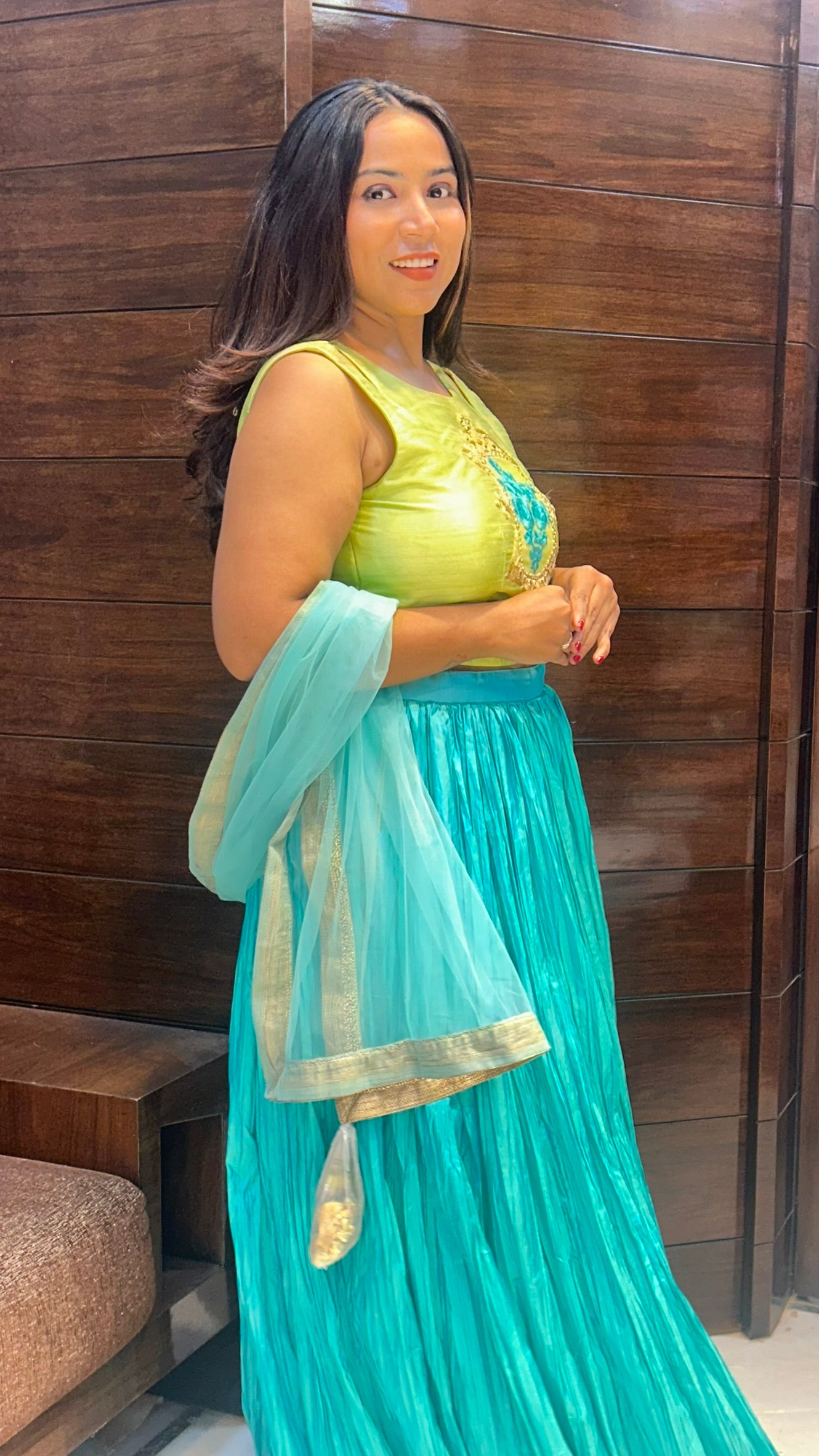 pure crepe partywear lehenga with silk embroidered top