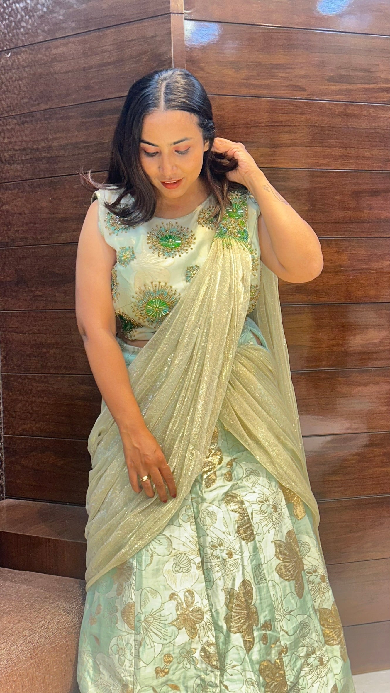 ready to wear lehenga saree in banarasi glass work top