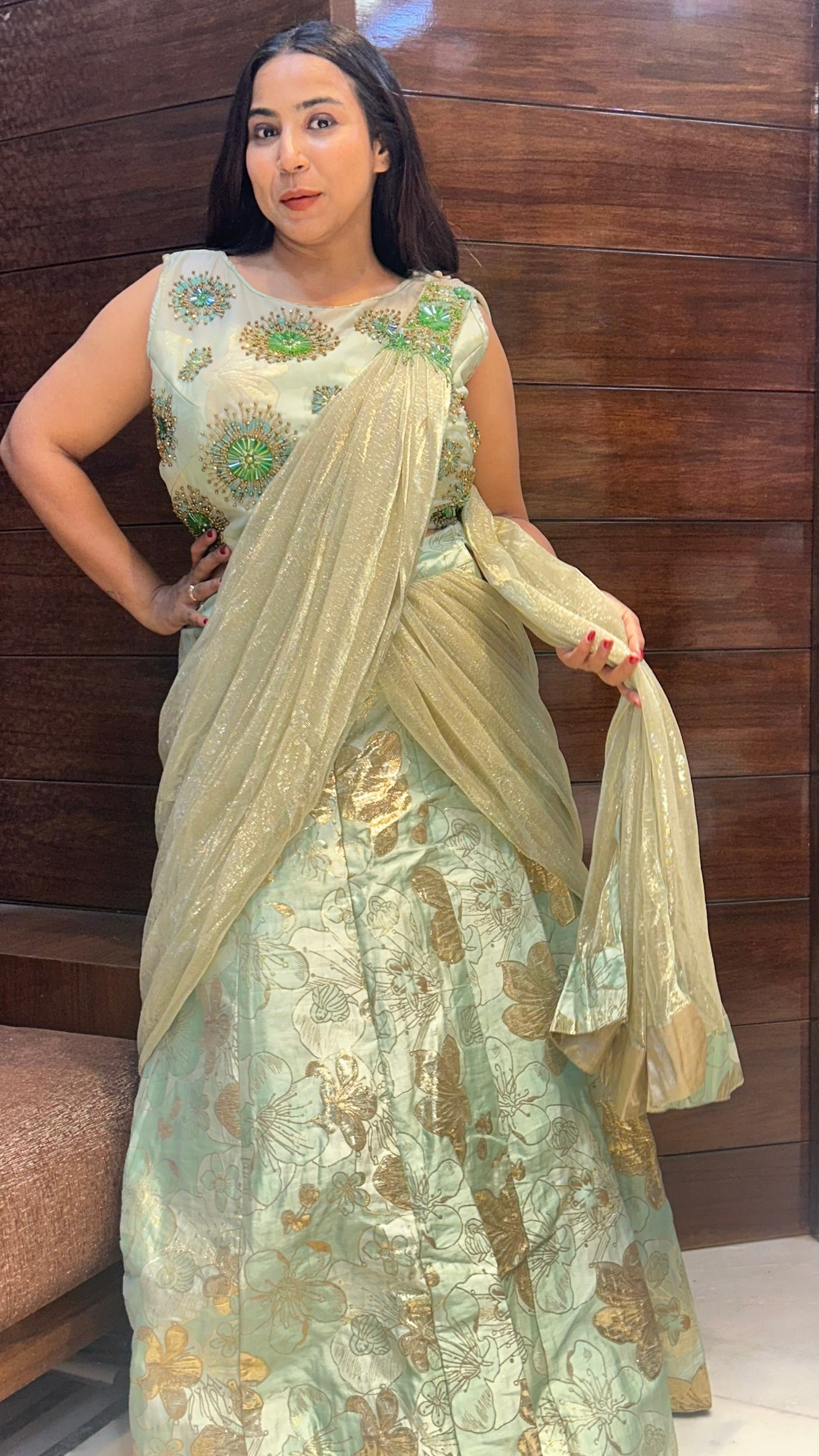 ready to wear lehenga saree in banarasi glass work top