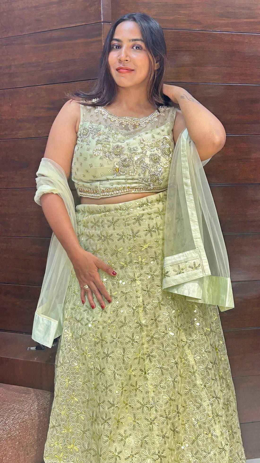 light green fully loaded choli sequence work designer wedding lehenga