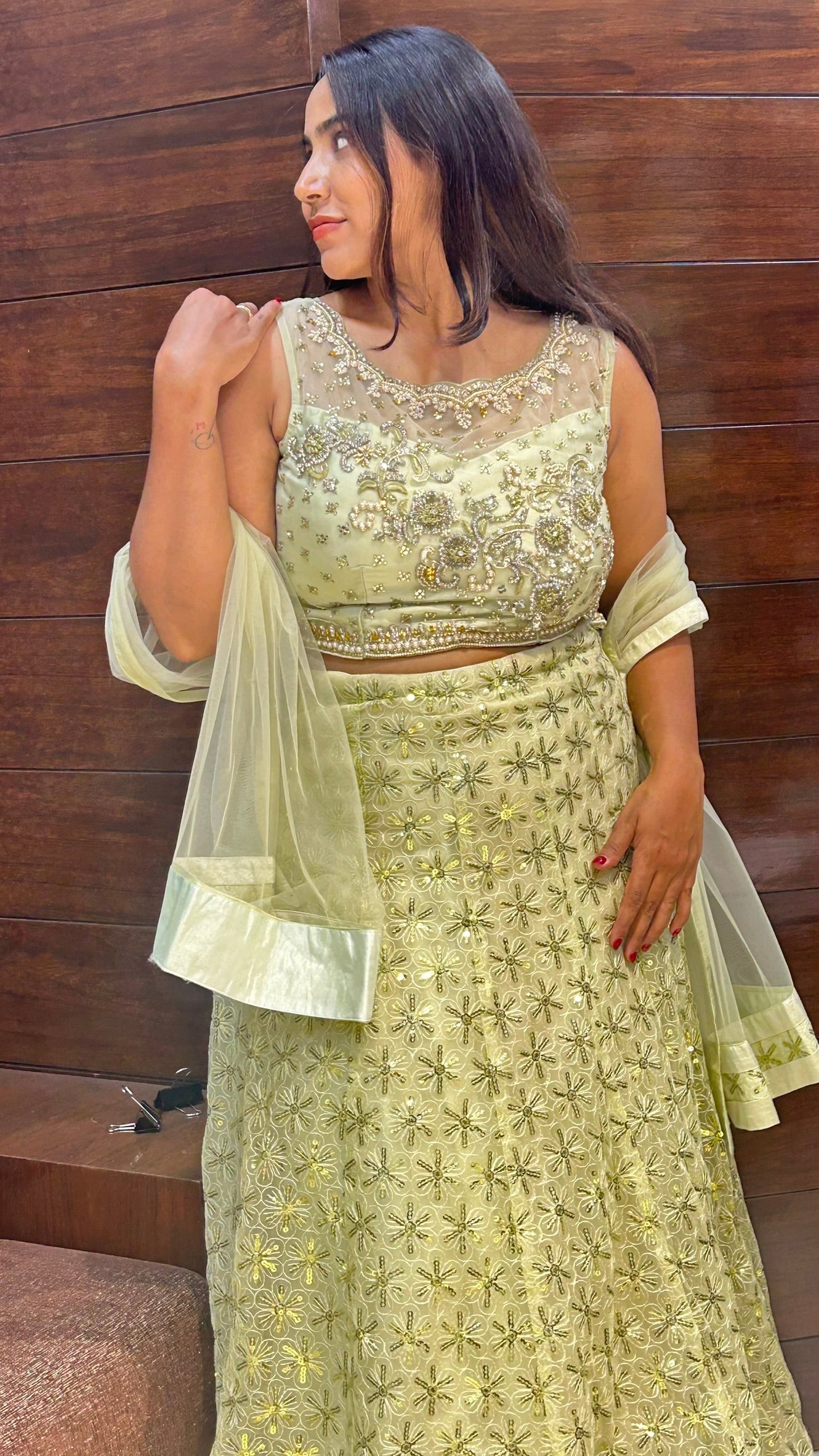 light green fully loaded choli sequence work designer wedding lehenga