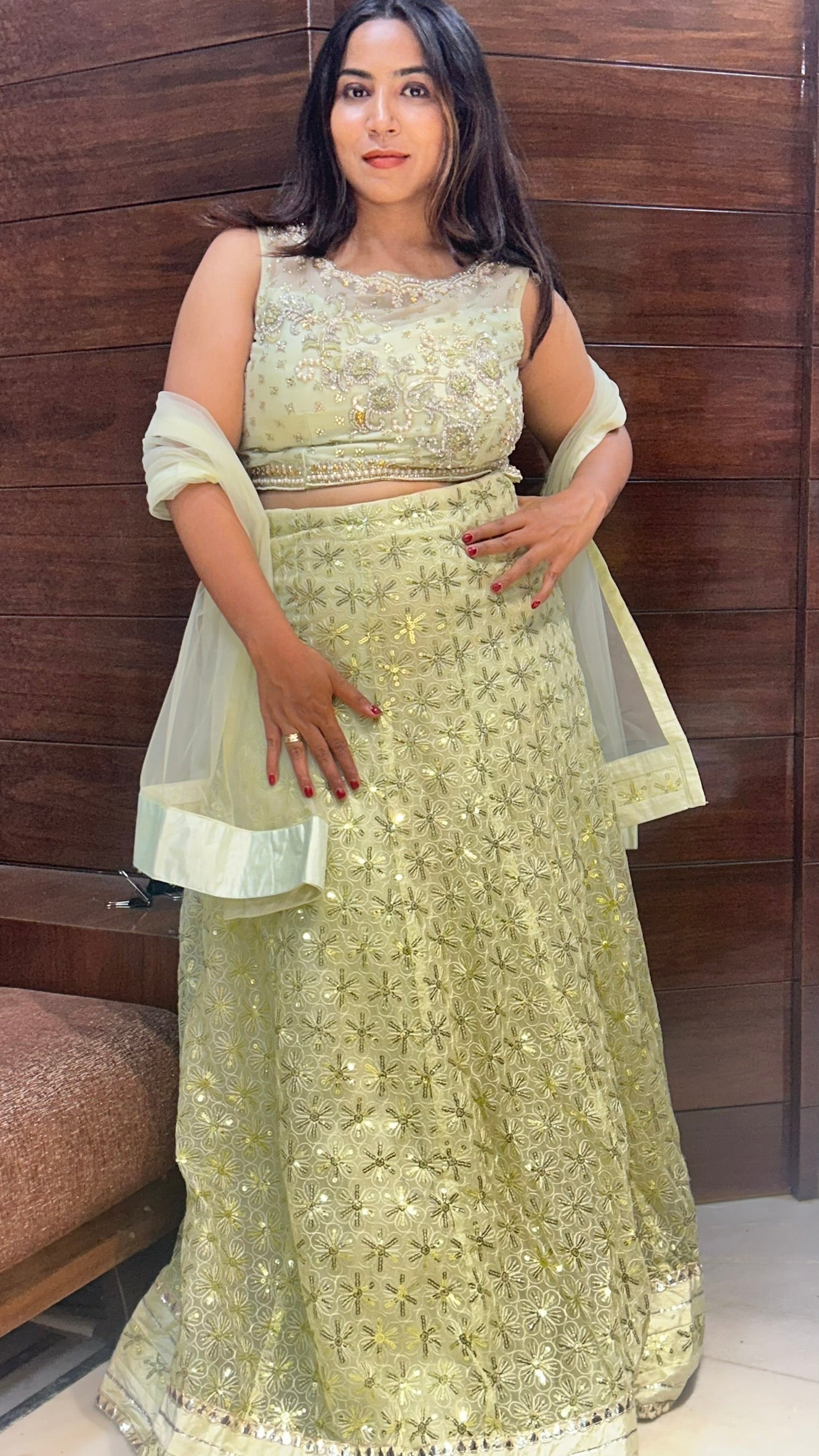 light green fully loaded choli sequence work designer wedding lehenga