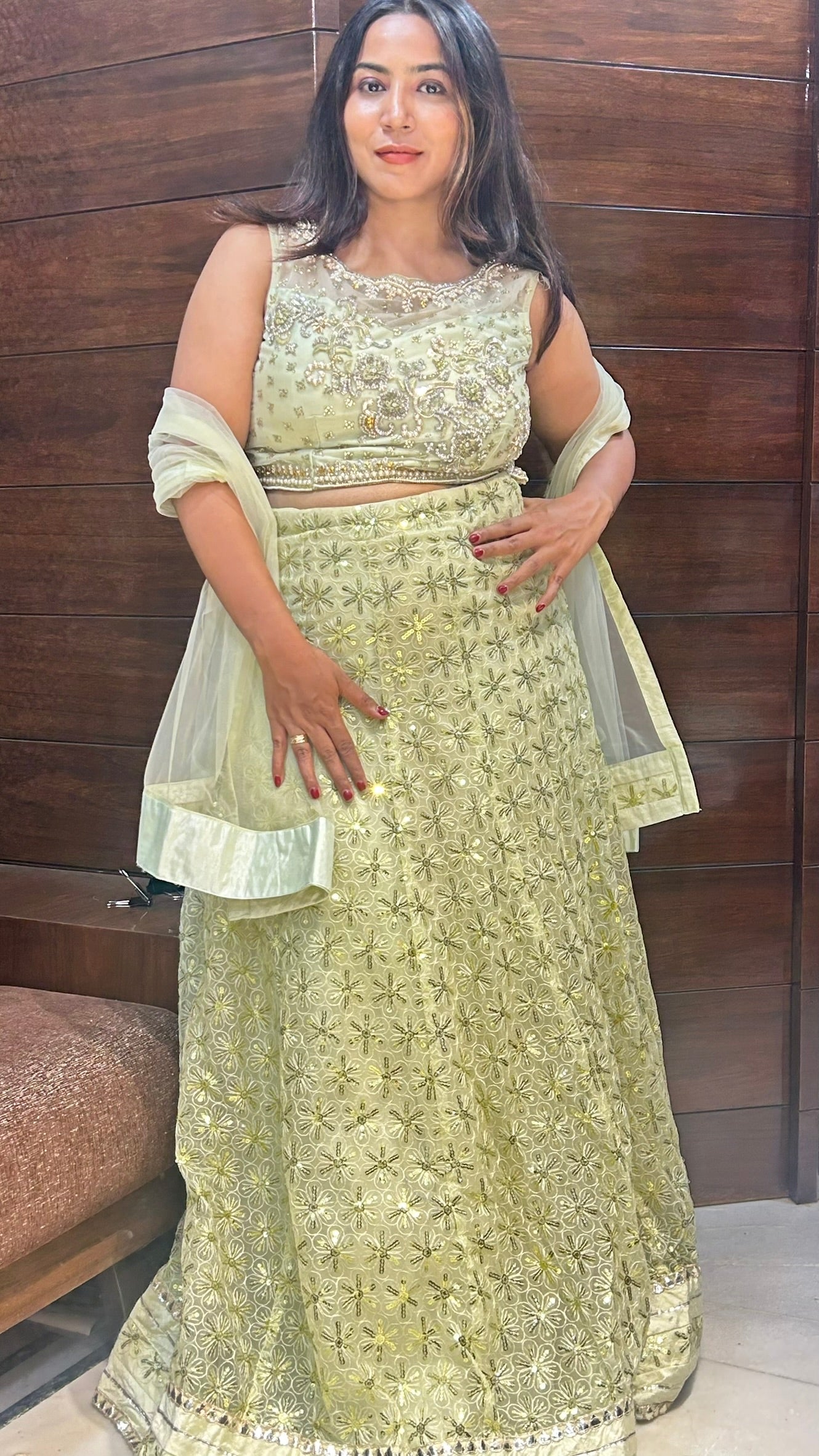 light green fully loaded choli sequence work designer wedding lehenga