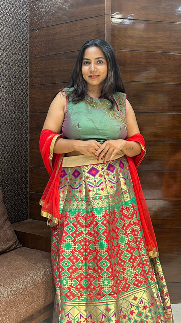 beautiful multicolor designer crop top banarasi lehenga