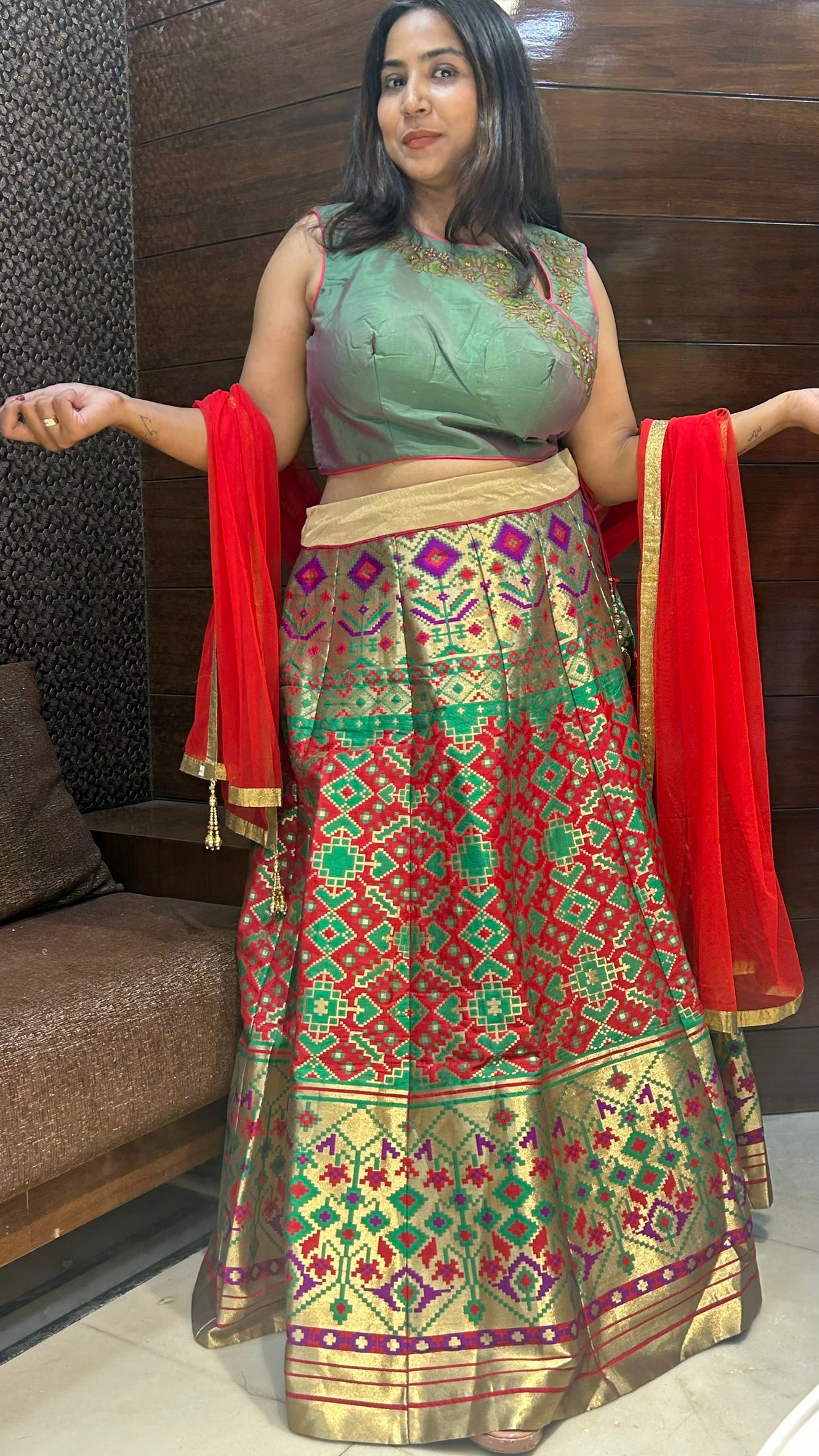 beautiful multicolor designer crop top banarasi lehenga