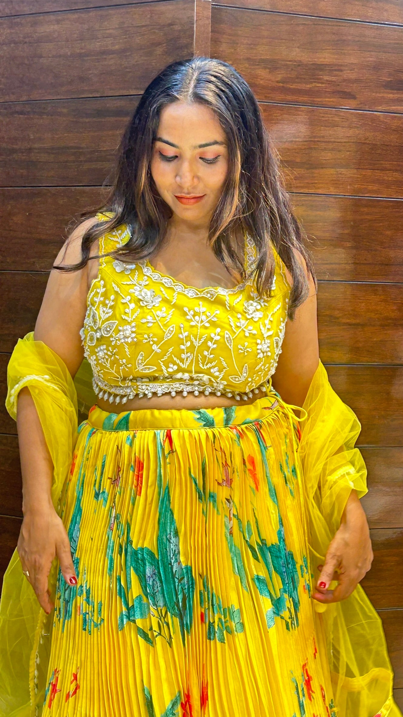 partywear floral printed yellow lehenga