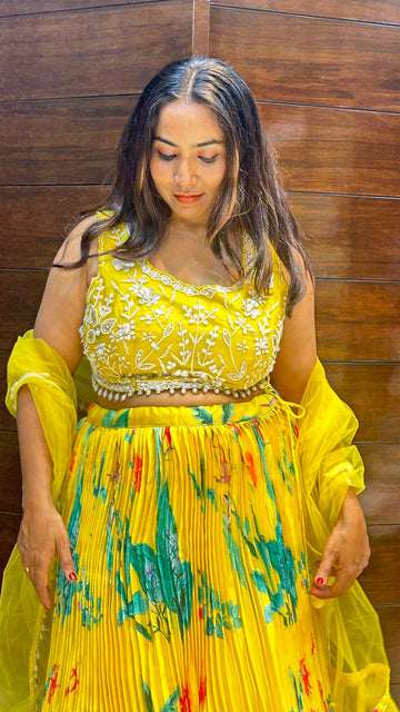 partywear floral printed yellow lehenga