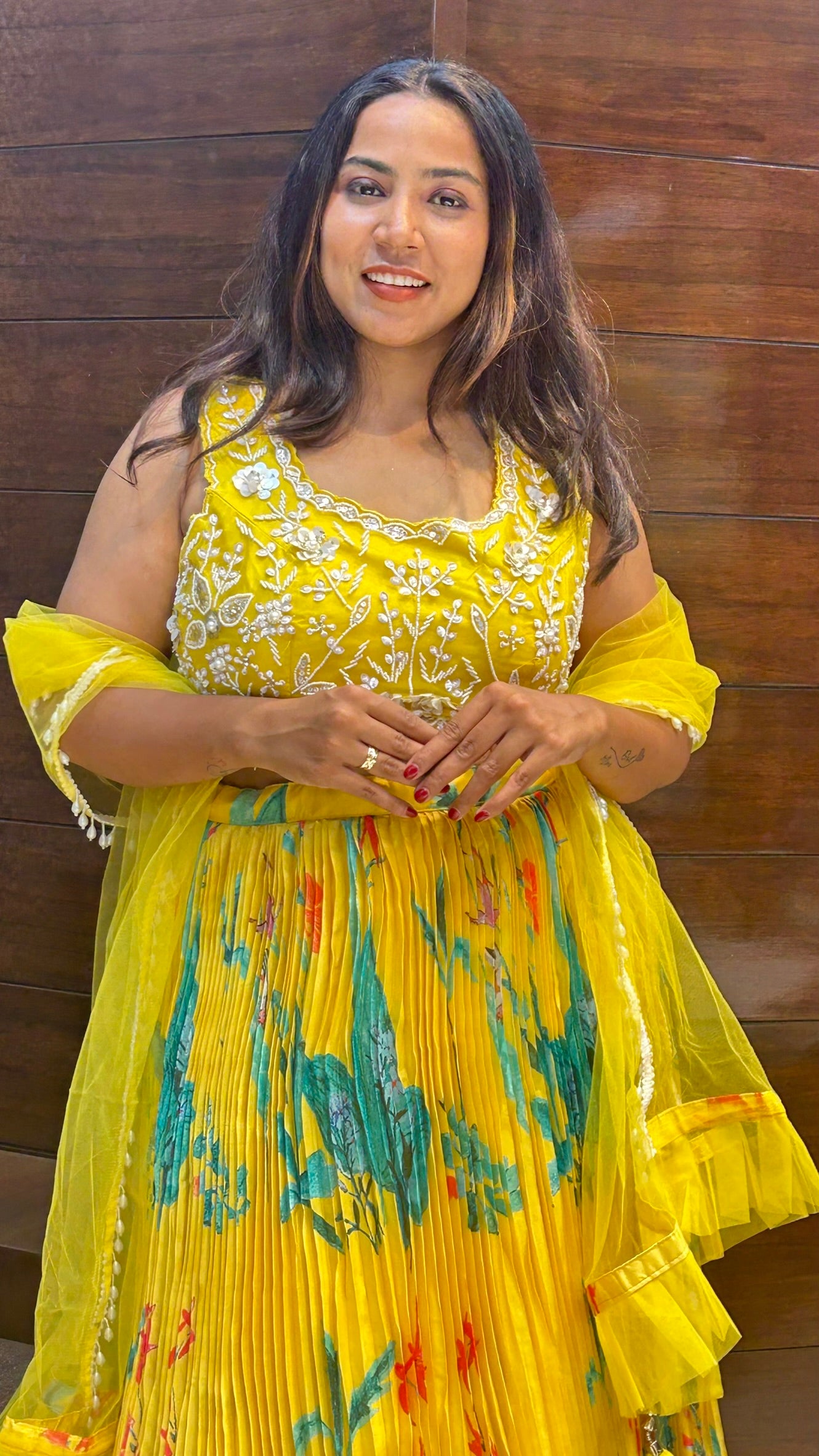 partywear floral printed yellow lehenga