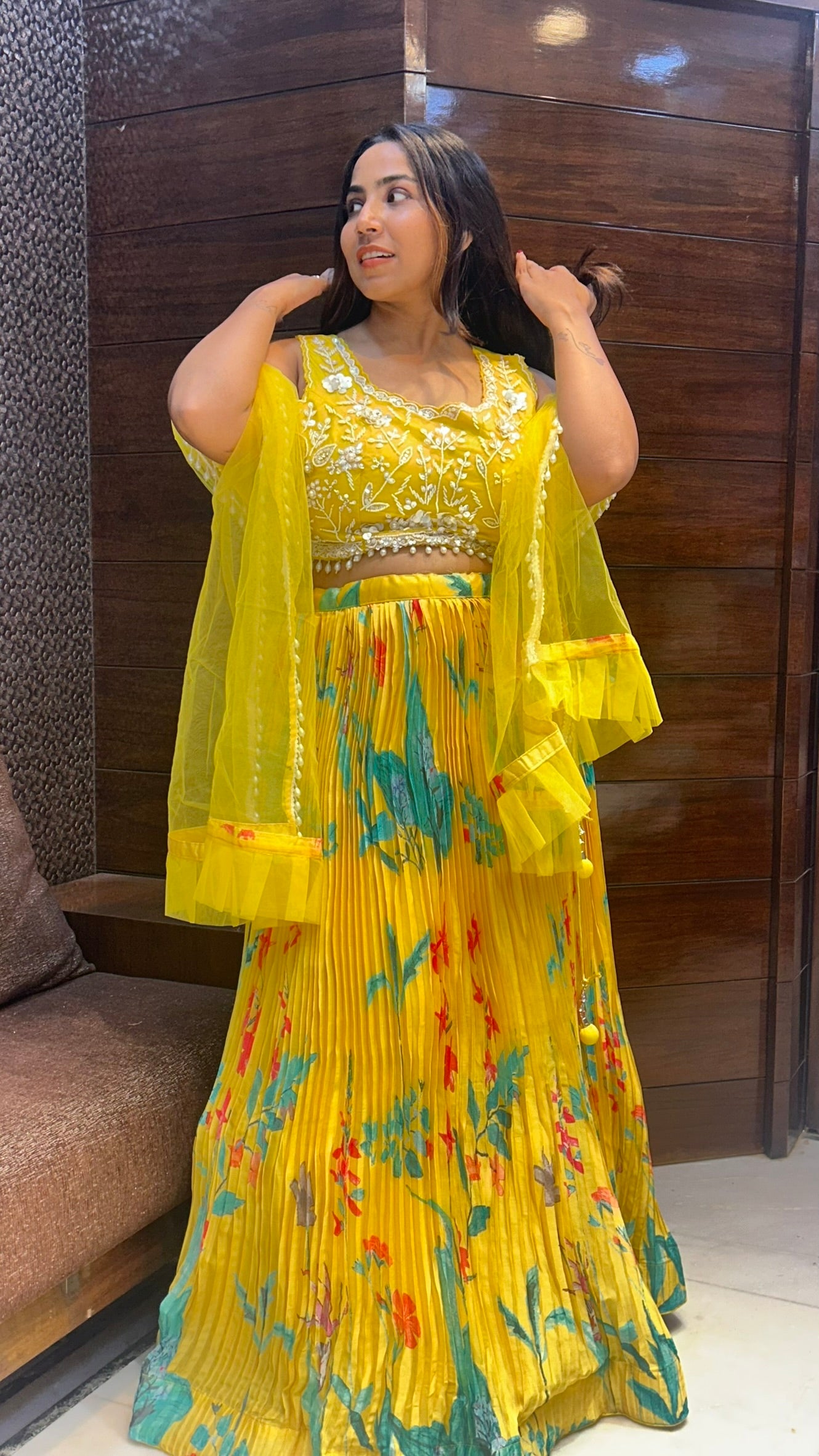partywear floral printed yellow lehenga