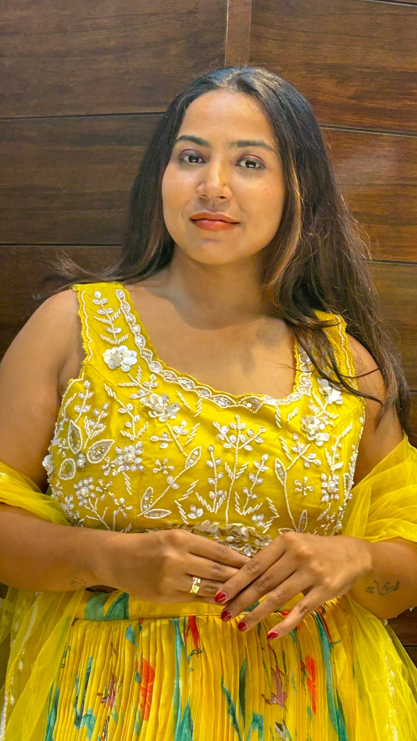 partywear floral printed yellow lehenga