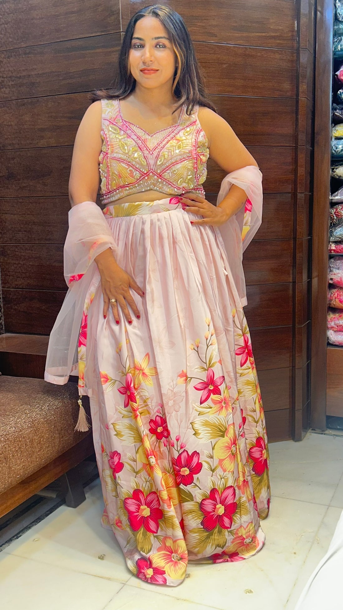 designer printed floral crop top with glass sequence work top