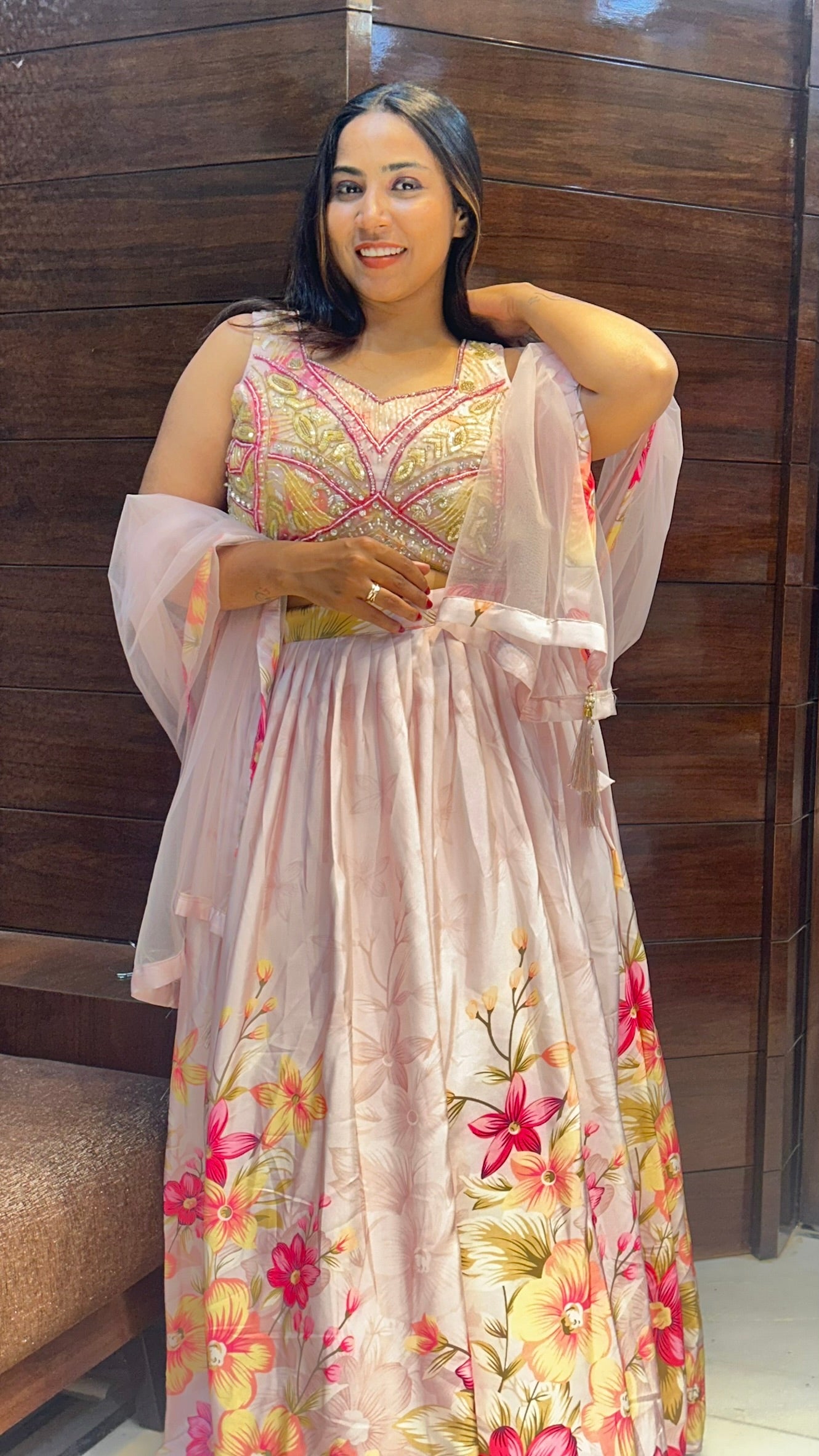 designer printed floral crop top with glass sequence work top