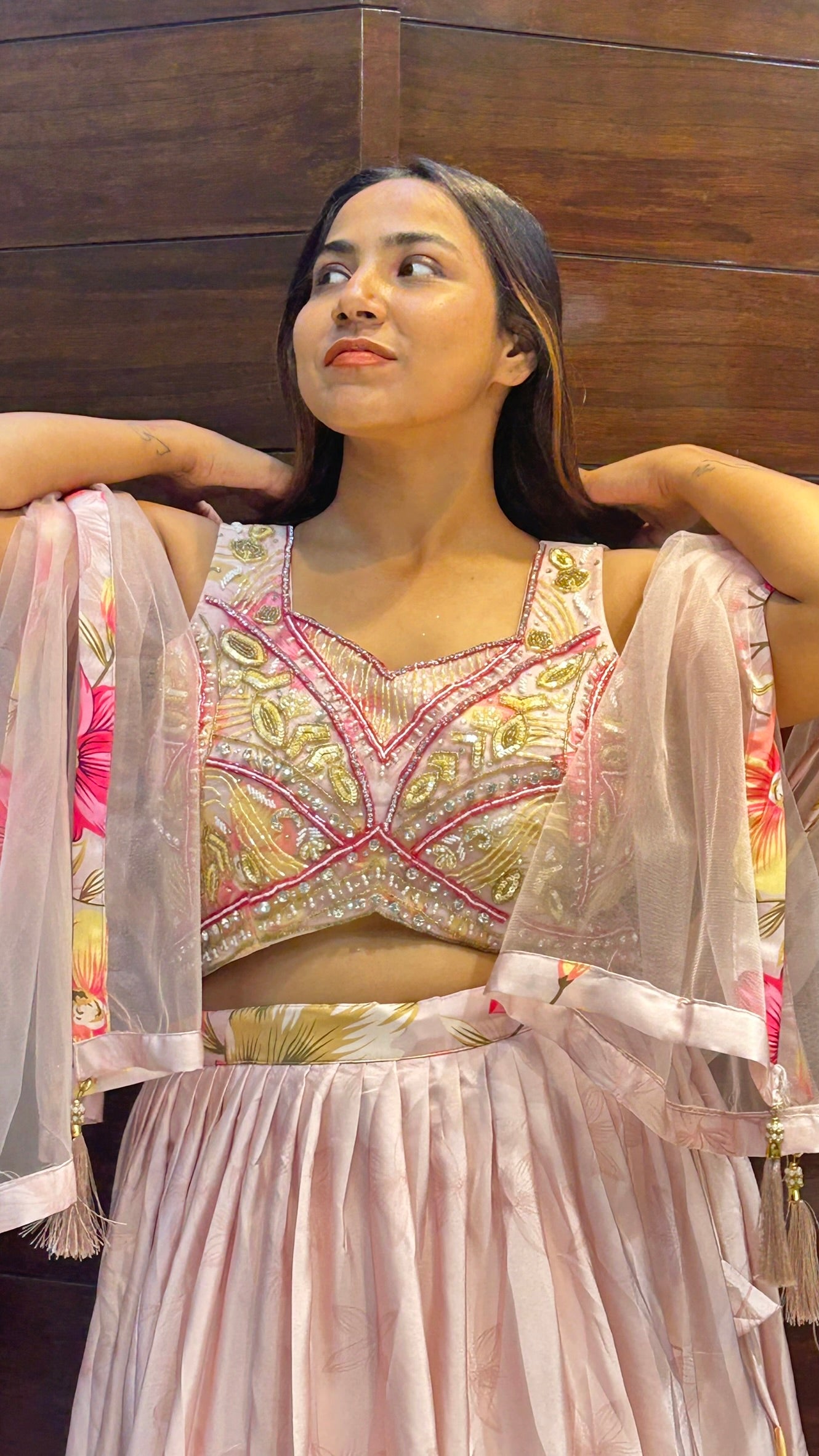 designer printed floral crop top with glass sequence work top