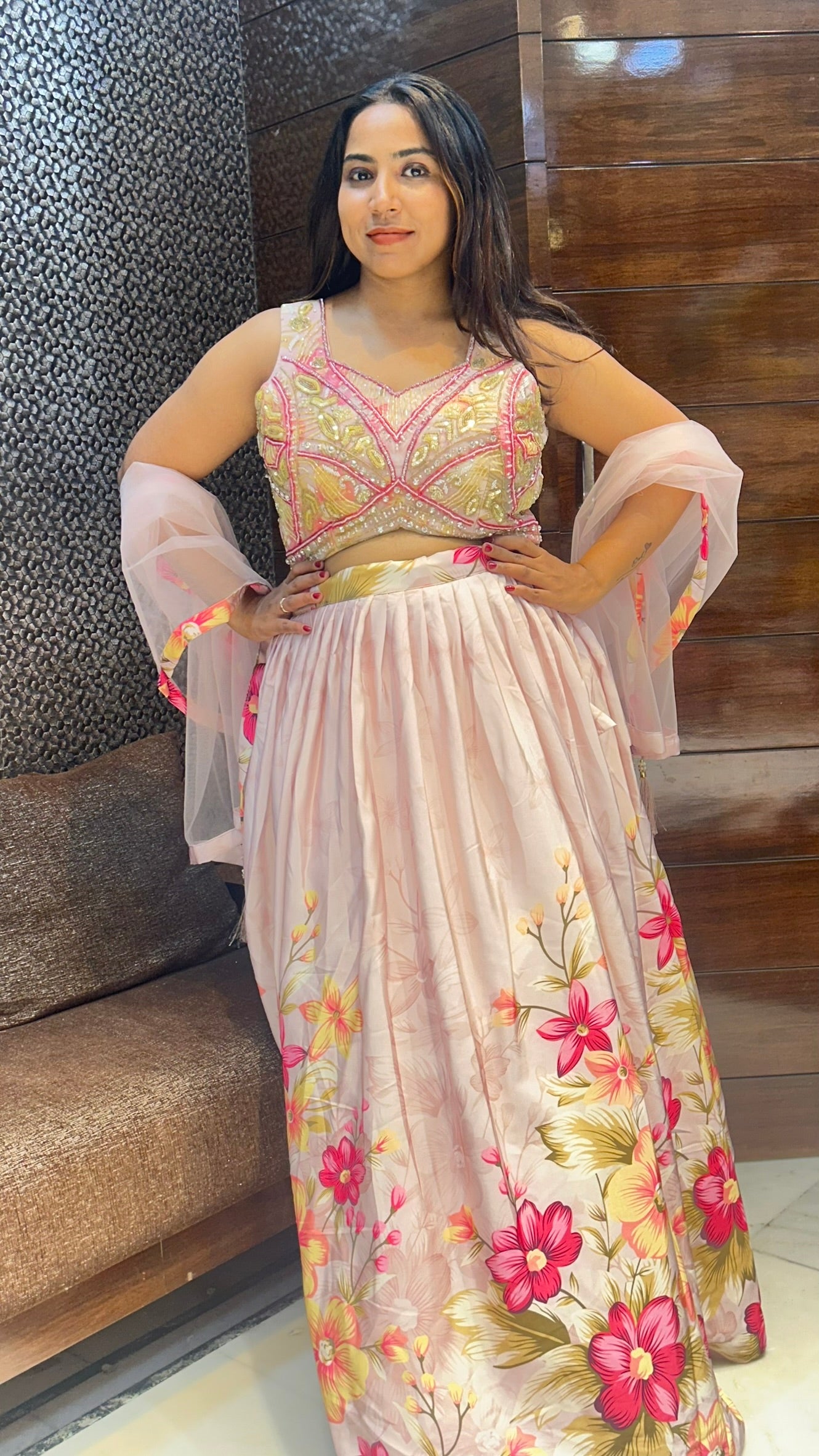 designer printed floral crop top with glass sequence work top